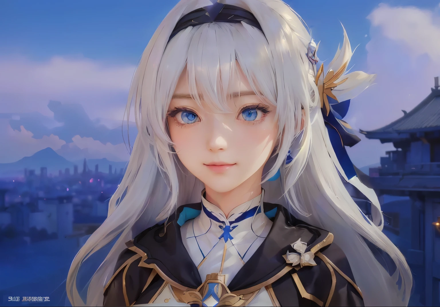 Anime girl with long white hair and blue eyes stands in front of the city., Ayaka Genshin Impact, Ayaka Genshin Impact Game, Staring at happiness, image of knight of the zodiac, Sly smile, Keqing from Genshin Impact, main character, Hestia, Portraits of female anime heroes, Clear and crisp RPG visuals, From the video game Azur Lane