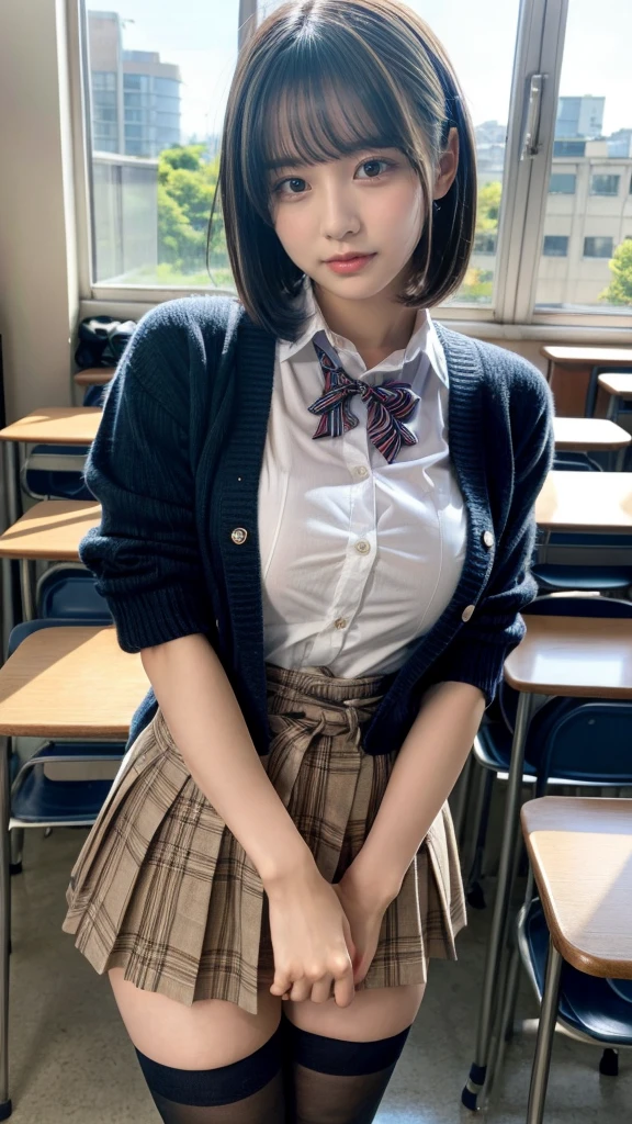 masterpiece, best quality, illustration, Super detailed, fine details, High resolution, 8K,wall paper, perfect dynamic composition,(Details High quality, realistic depiction of eyes:1.3), High School Classroom、High school girl uniform、Cardigan、Super Short Check Uniform Skirt、Navy blue high socks、garterbelts、Colossal tits、Disturbed uniform、short bob hair, black hair color, Big Natural Color Lip, bold sexy pose, (perfect body shape), crying a little、Harajuku style、20 year old girl、cute type, beautiful legs, hposing Gravure Idol, Voluptuous thighs