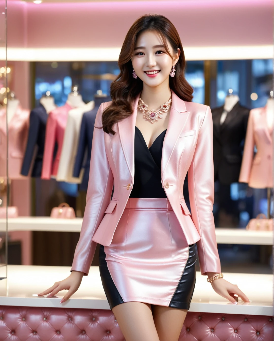 Full body of beautiful korean female, 31 inch breasts size, cheerful smile, Height 172 cm, Tight suit、Wearing a blazer（Leather pink color）、Tight short Skirt（Leather pink color）、Realistic silk texture,Slim fit , in a luxury dimond jewelry store, bokeh background, UHD