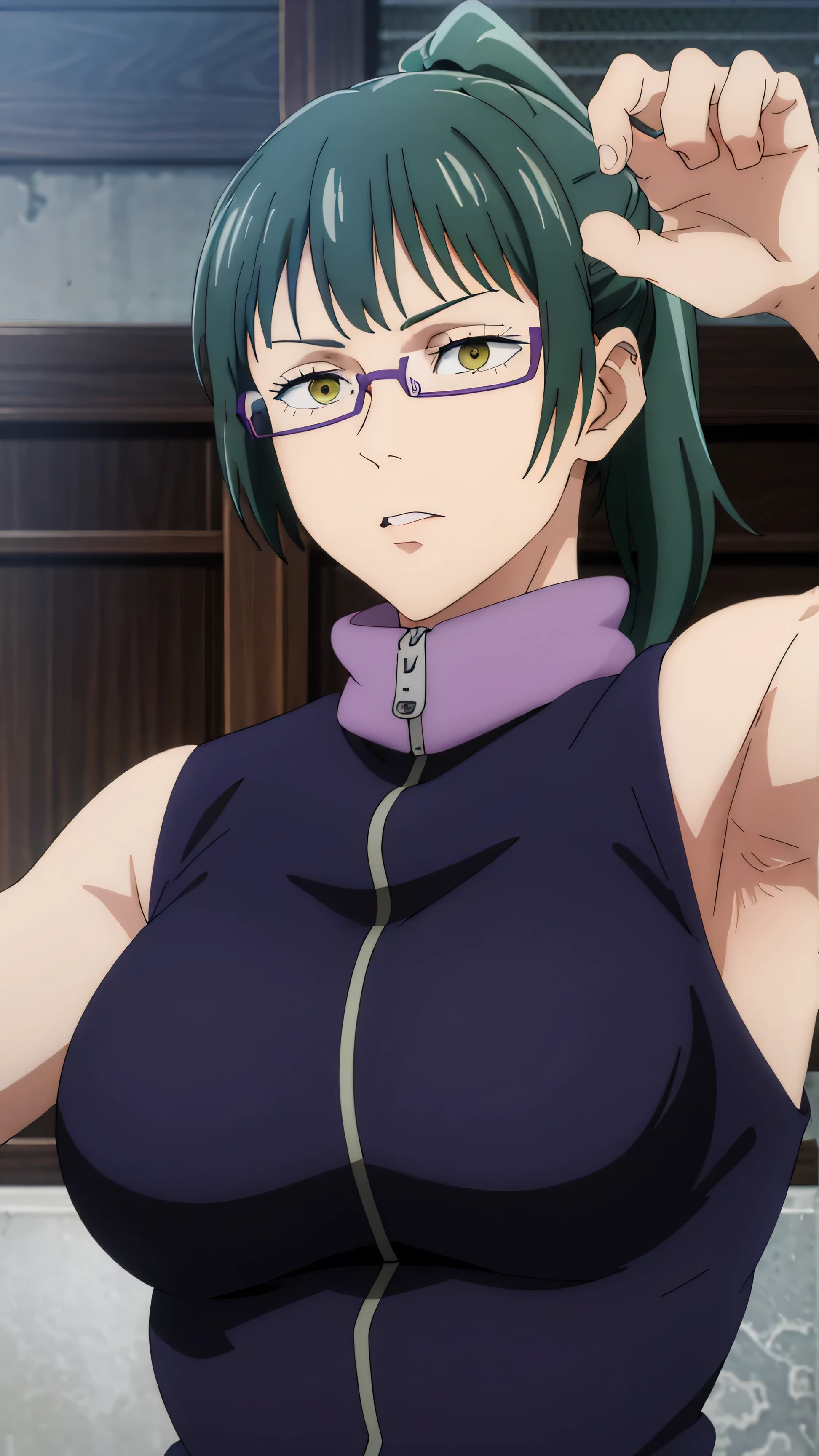 (best quality:1.5, highres, UHD, 4K, detailed eyes, detailed lighting, detailed hair, shaders), gym backround, dark green hair, ponytail, bangs,cool woman, cool girl, sharp eyes, yellow eyes, beautiful, large breasts, sport bra, purple jacket, turtleneck ,sleeveless, glasses, armpits, detailed armpits