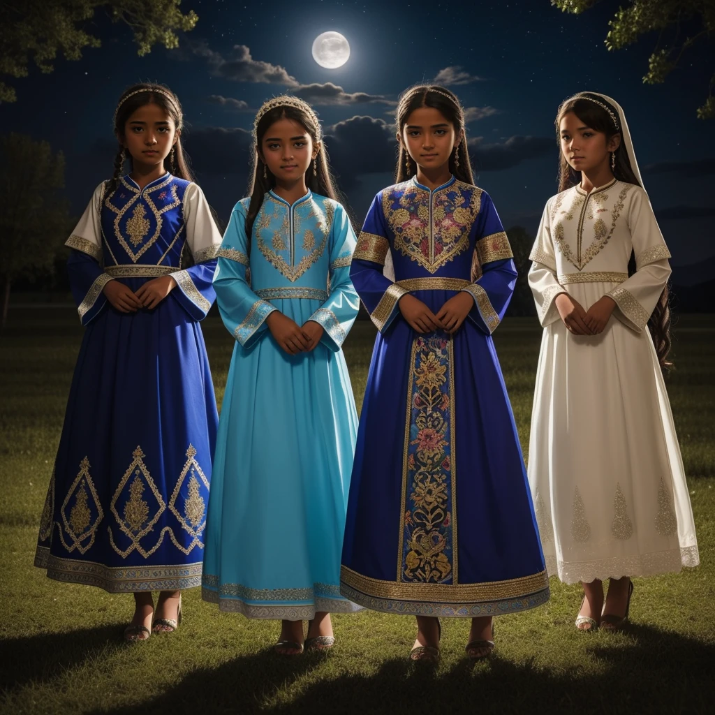 Highest quality、high quality、10 years old、Brightly embroidered ethnic costumes from Central Asia and the Caspian Sea region、Girl of the bride、Moonlit Grassland、moonlight、Long dress