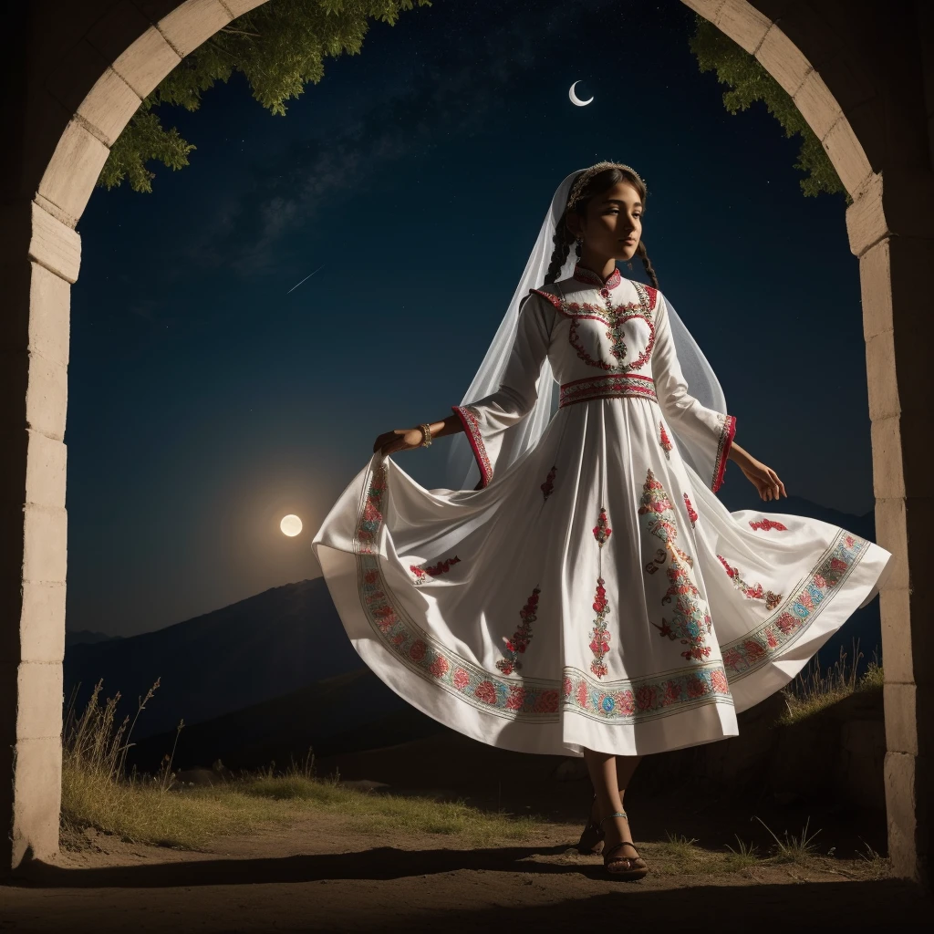 Highest quality、high quality、10 years old、Brightly embroidered ethnic costumes from Central Asia and the Caspian Sea region、Girl of the bride、Moonlit Grassland、moonlight、Long dress