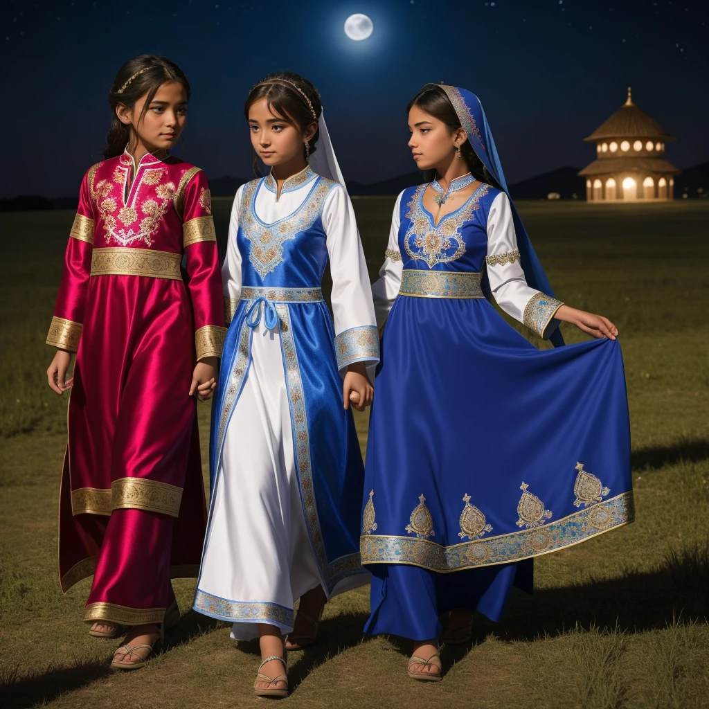 Highest quality、high quality、、Brightly embroidered ethnic costumes from Central Asia and the Caspian Sea region、Girl of the bride、Moonlit Grassland、moonlight、Long dress