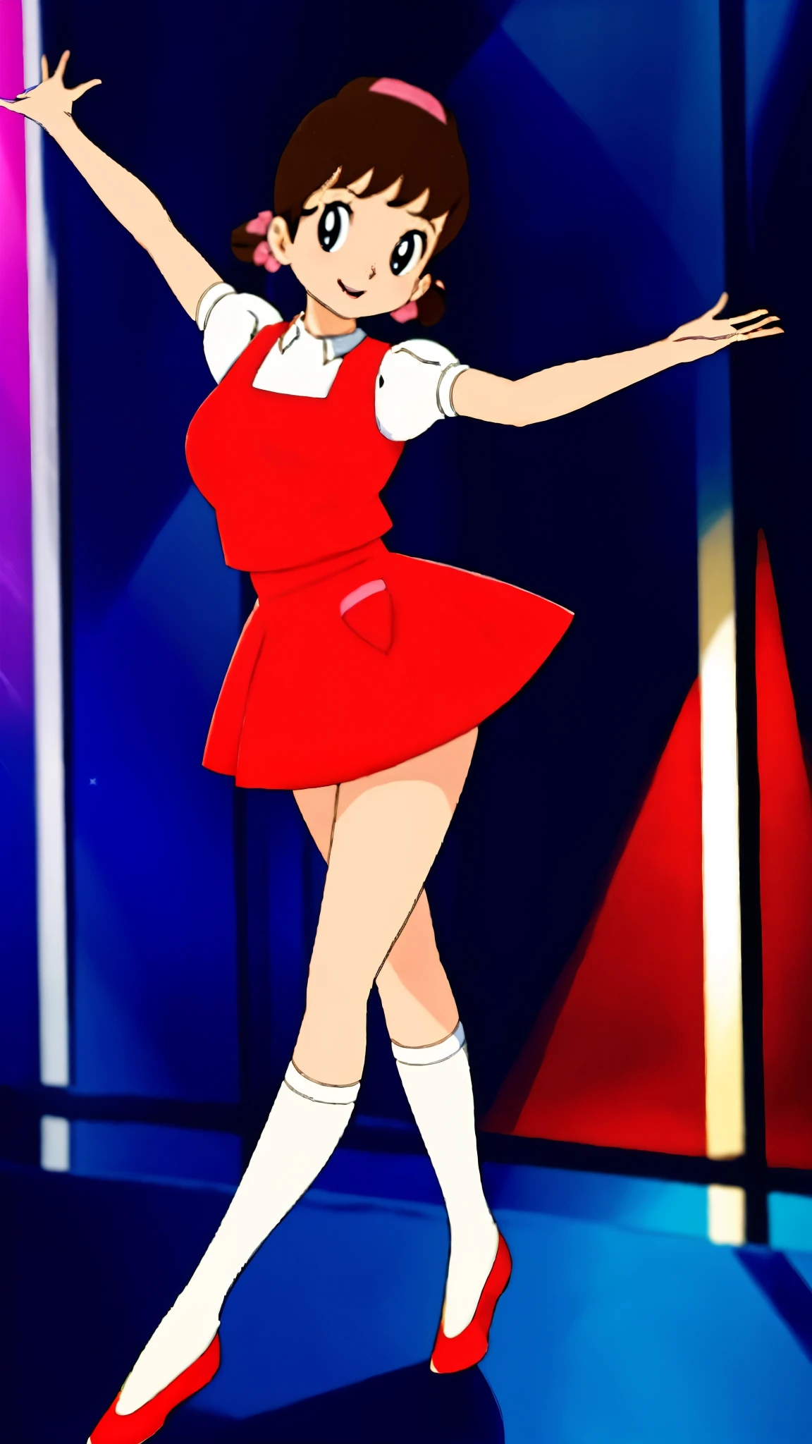 masterpiece, highest quality, alone,1 girl,looking at the viewer,School, cowboy shot,anime style,
akkochan,smiling、Live Performance Venues、Dancing on stage、In the spotlight、Intense dancing、Raising his leg、Showing Panties、The bust is large、Feet raised above the head