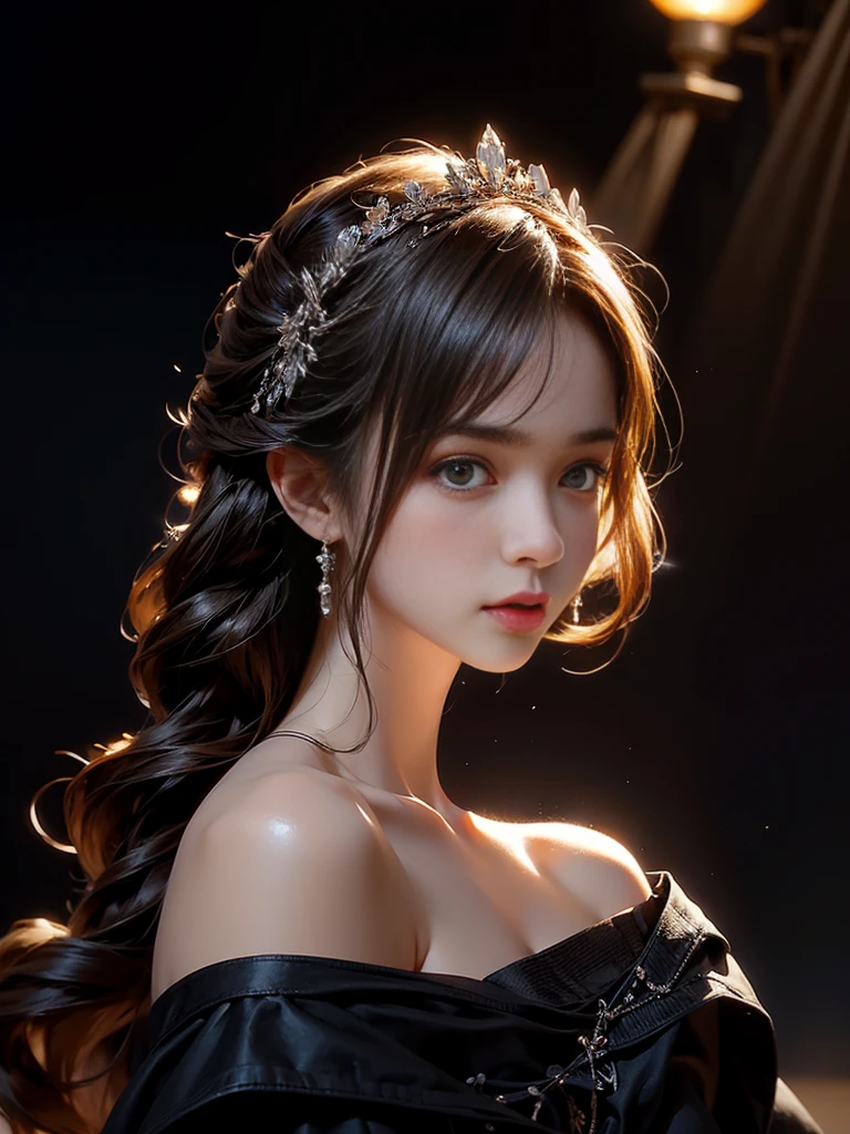 A girl with bare shoulders stands in the dark, Features deep shadows and cool tones. Images should be of the best quality and considered masterpieces, Realistic rendering with ultra-high resolution and 1.4 intensity. Photos should be original, Capturing the understated beauty of girls. The focus should be on the detailed facial features of the girl, including her expressive eyes, Delicate nose, and luscious lips. Lighting should be dramatic, Cast captivating light and shadow,Enhance the mysterious atmosphere.