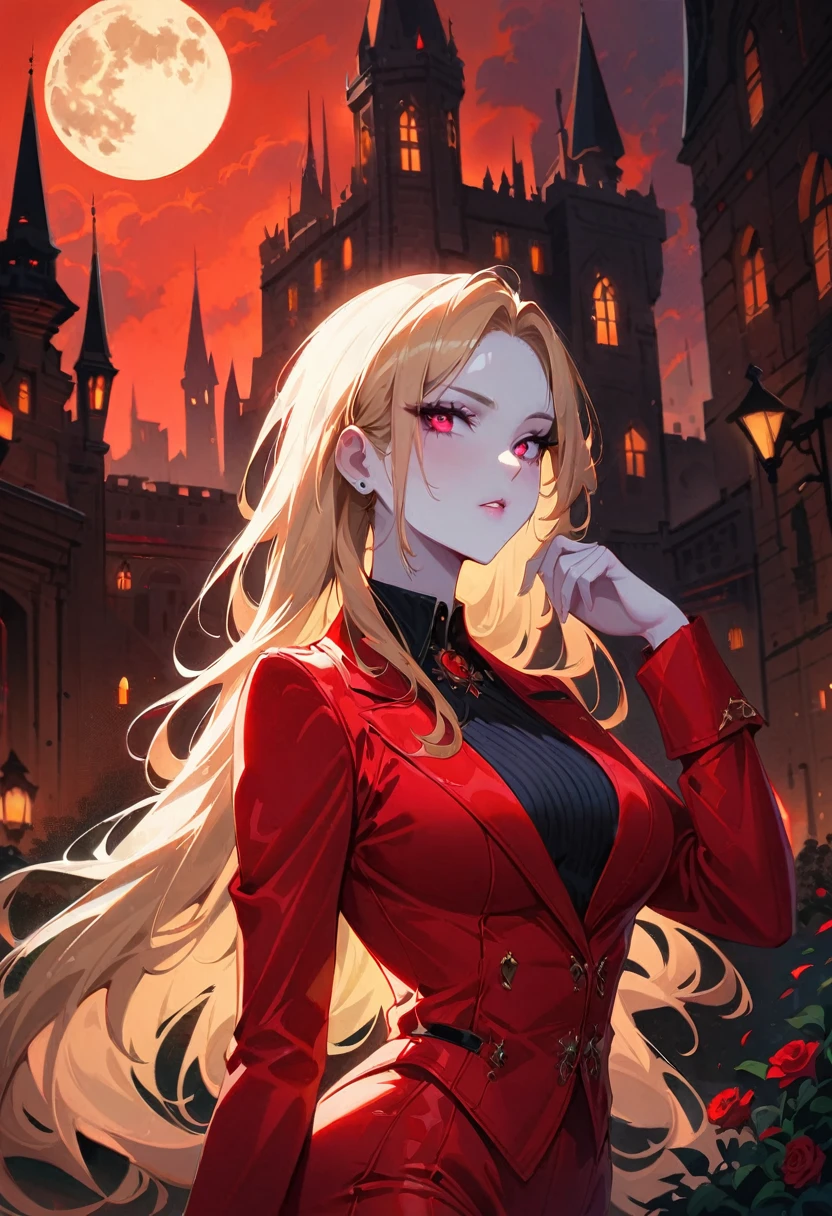 masterpiece, best quality, (Focus only), (Perfect face:1.1), (High Detail:1.1), (Extremely detailed eyes), Dramatic, 1 person, (Pale skin), Long blond hair, (Red iris), Personal Focus, vampire, long hair, moon, night, Red luxury suit, Pursed lips, castle, Detailed background, artgerm art, movie lighting, Red rose, Fashion