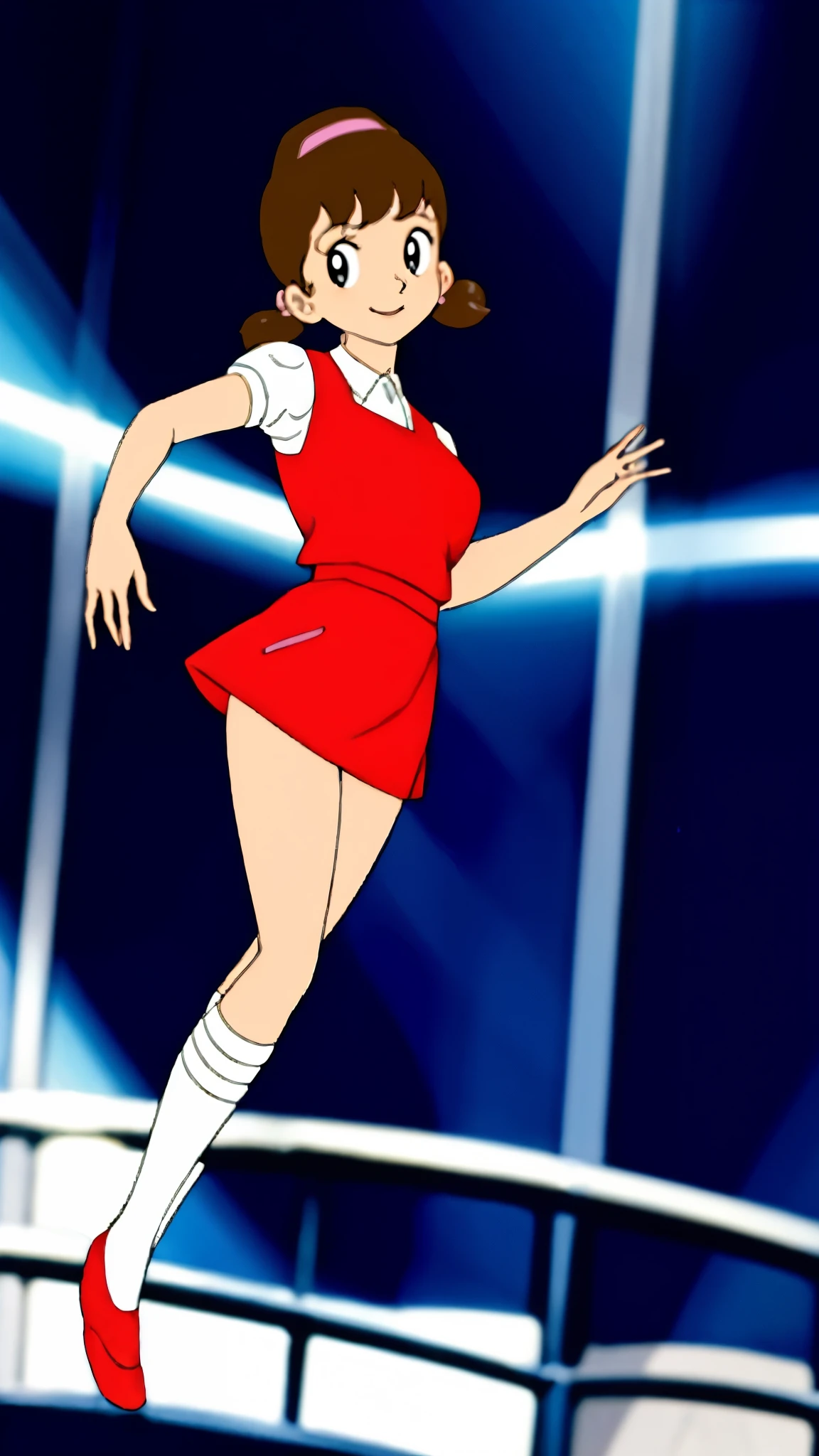 masterpiece, highest quality, alone,1 girl,looking at the viewer,School, cowboy shot,anime style,
 akkochan,smiling、Live Performance Venues、Dancing on stage、In the spotlight、Exciting dance、Intense movement、Lifting legs high、Large breasts、

