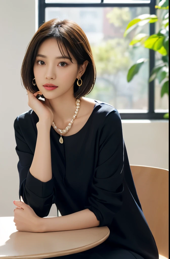 (masutepiece:1.2), Best Quality, High resolution, Unity 8k Wallpaper, (Illustration:1.0), Beautiful detailed eyes:, extra detailed face, Perfect Lighting, extremely details CG,
 1girl in, Bare_tree, Black_hair, brown_Eyes, brown_hair, building, Dress, earrings, flower, Indoors, Jewelry, apples, Lips, Necklace, Outdoors, pearls_Necklace, plant, potted plant_plant, Short_hair, Solo, tree, window, up looking_in_viewer, Jacket, Pants, Bag, Chair, phone, The table, Handbag, Realistic