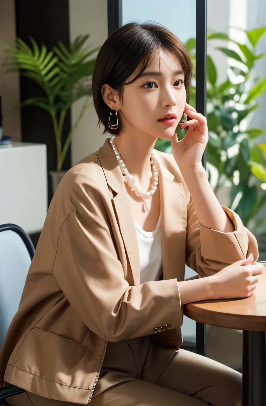 (masutepiece:1.2), Best Quality, High resolution, Unity 8k Wallpaper, (Illustration:1.0), Beautiful detailed eyes:, extra detailed face, Perfect Lighting, extremely details CG,
 1girl in, Bare_tree, Black_hair, brown_Eyes, brown_hair, building, Dress, earrings, flower, Indoors, Jewelry, apples, Lips, Necklace, Outdoors, pearls_Necklace, plant, potted plant_plant, Short_hair, Solo, tree, window, up looking_in_viewer, Jacket, Pants, Bag, Chair, phone, The table, Handbag, Realistic