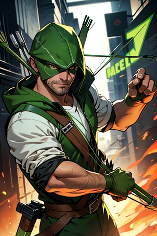 the green arrow, shooting, an arrow. wearing green mask, with white eyes,