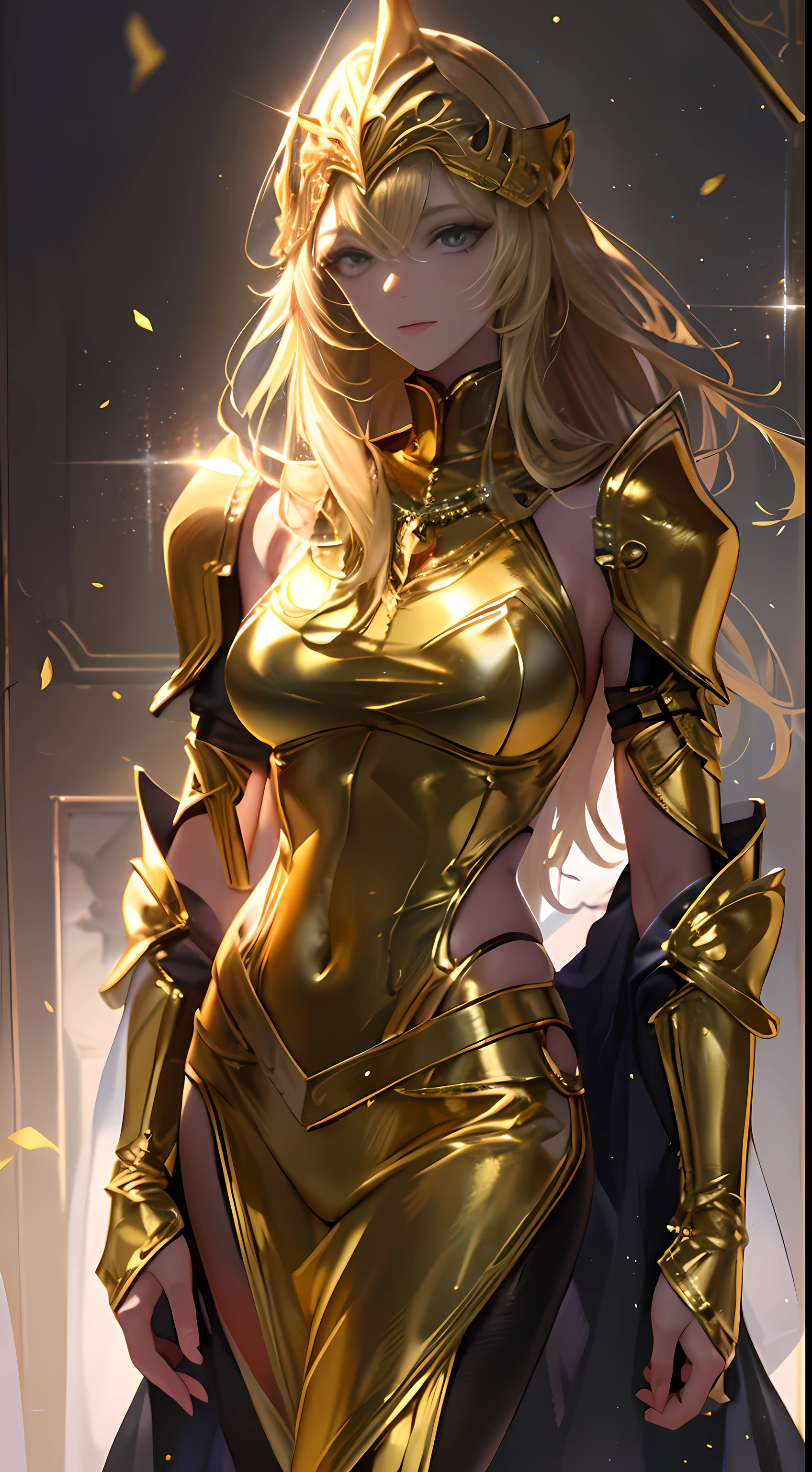 (highest quality, High resolution, Realistic: 1.37), Tall girl wearing Gemini gold cloth, Wear a tight black suit inside the fabric, Sexy figure in golden cloth, Gemini holding a helmet made of cloth of gold, Golden armor that emits golden light, Girl&#39;s long golden hair