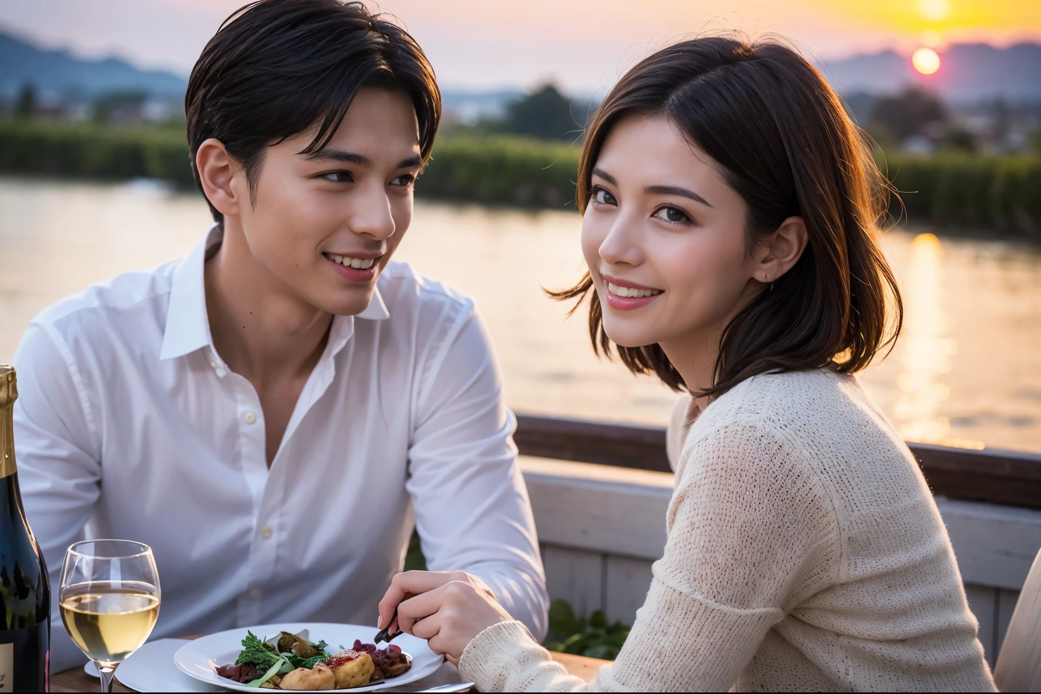 ((highest quality、8k、masterpiece:1.3))、 (Genuineistic, Genuine、Bright image、Intricate details:1.2), Best smile 1 man 1 woman、Beautiful Couple、lover、Engaged Couple、family、actresodel、Smile、full-course dinner、 (Slim face), (The body is slim), (Brown Hair), (short hair), テーブルの上のwine glass、Please shine a light on my face、 Amazing view of the sunset sky and clouds、 (Age 44), 41 years old, red wine 、Appetizers、Wine bottle、sparkling wine、Long sleeve shirt、dress、White wine, red wine, wine glass,