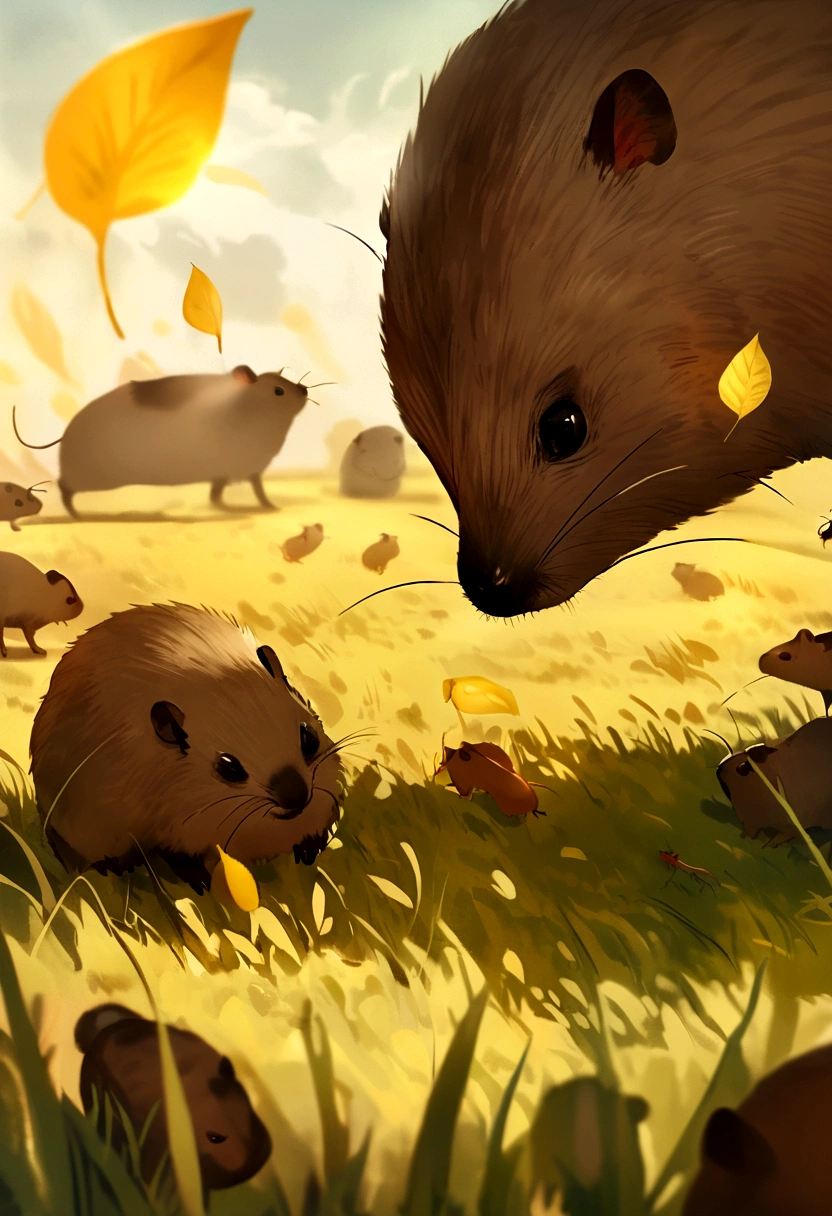Several ants stand on golden leaves floating in the air,Grassland with groundhogs and other animals,They are quarreling