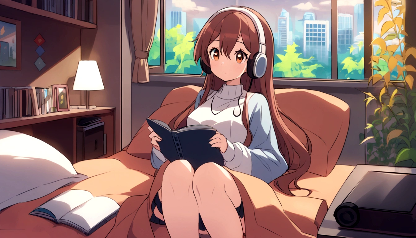 Feminized Maple Manyo, outside at night, reading a book seriously while listening to music on headphones in bed in her room, night owl, girl with long hair, large eyes, city pop style fashion.