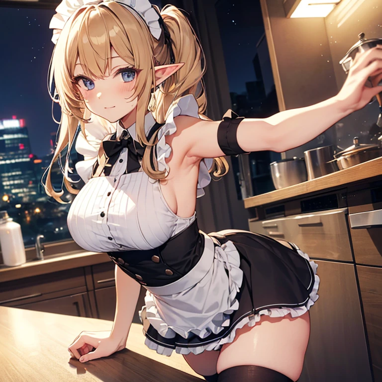 A maid, (in kitchen), various hair styles, night, details face, short skirt, seducing, sleeveless, maid uniform, armpits, elf