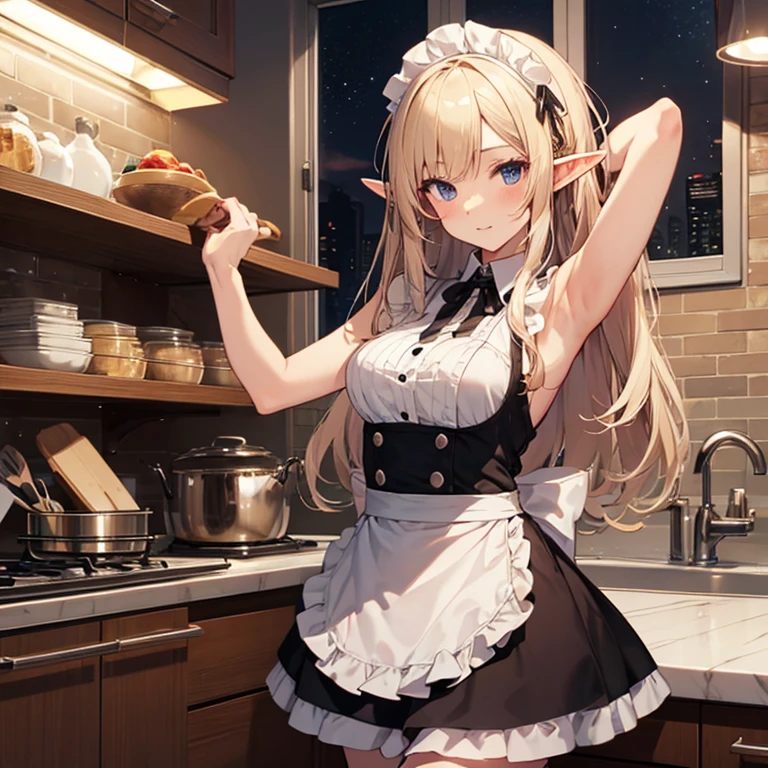 A maid, (in kitchen), various hair styles, night, details face, short skirt, seducing, sleeveless, maid uniform, armpits, elf