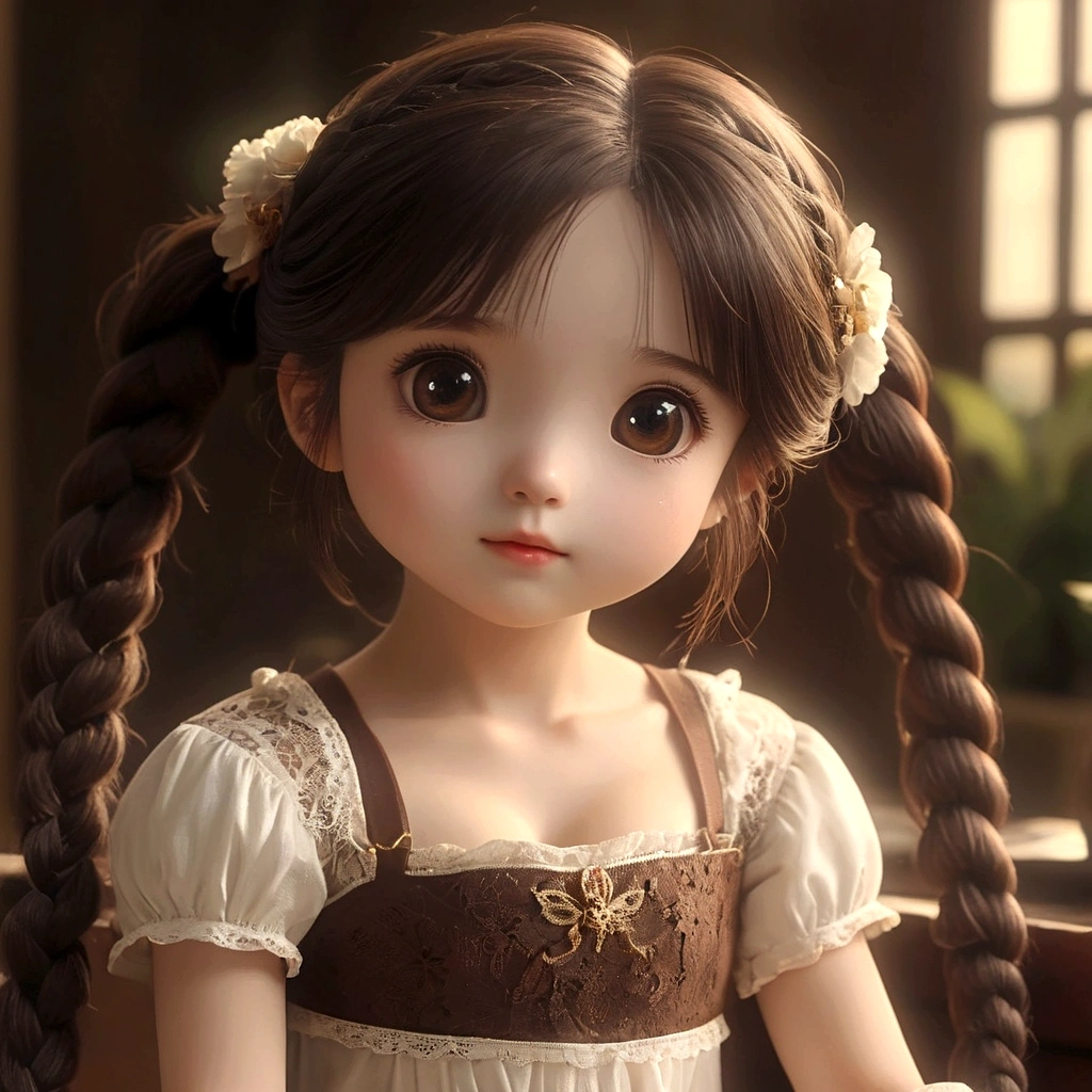 ((best quality, 8K, masterpiece :1.3))***********、 Cute anime style, ,Brown double braids、，solitary,Exquisite eyes, ((Dark brown hair, Large Breasts :1.2)), Beautiful lace lingerie（8K）（HD）（（best quality））， （（Intricate details））， （8K）