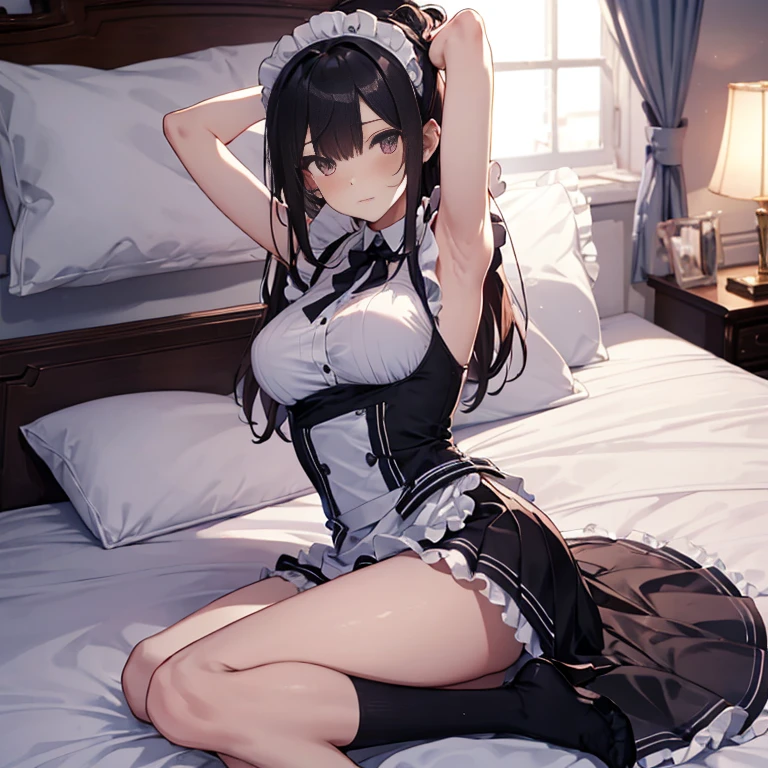 A maid, (in bedroom), various hair styles, night, details face, short skirt, seducing, sleeveless, maid uniform, armpits, laying on bed