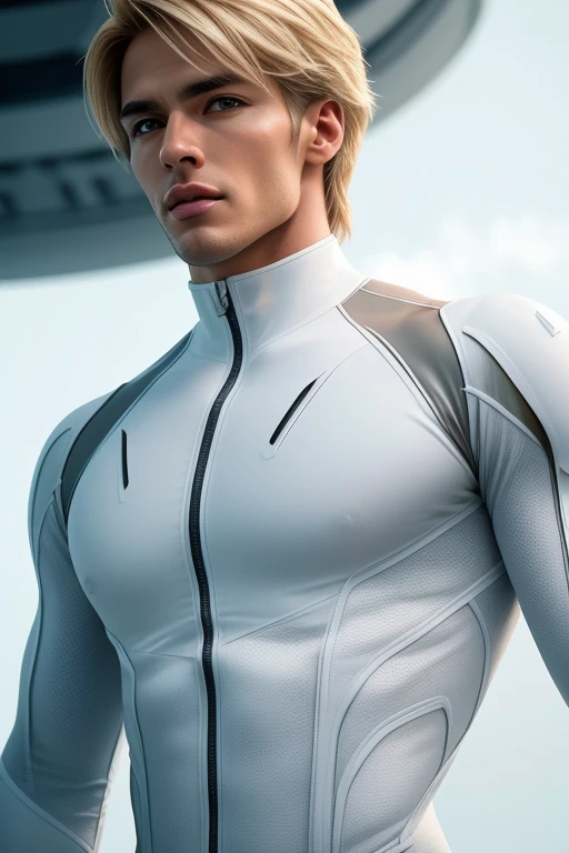 quarter body shot photorealistic An Alien handsome hunky masculine man from Venus. Blonde hair , Super Athletic body. translucent eyes and prominent cheekbones. Wearing a form-fitting white biomorphic bodysuit. Futuristic Venusian background. intricate details, beautifully shot, hyperrealistic, sharp focus, 64 megapixels, perfect composition, high contrast, cinematic, atmospheric