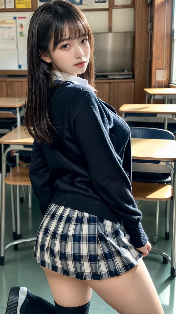 masterpiece, best quality, illustration, Super detailed, fine details, High resolution, 8K,wall paper, perfect dynamic composition,(Details High quality, realistic depiction of eyes:1.3), High School Classroom、High school girl uniform、Cardigan、Super Short Check Uniform Skirt、Navy blue high socks、garterbelts、Colossal tits、Disturbed uniform、, black hair color, Big Natural Color Lip, bold sexy pose, (perfect body shape), crying a little、Harajuku style、20 year old girl、cute type, beautiful legs, hposing Gravure Idol, Voluptuous thighs, (woman on top, from behind, straddling, sitting, heart shaped pupils)