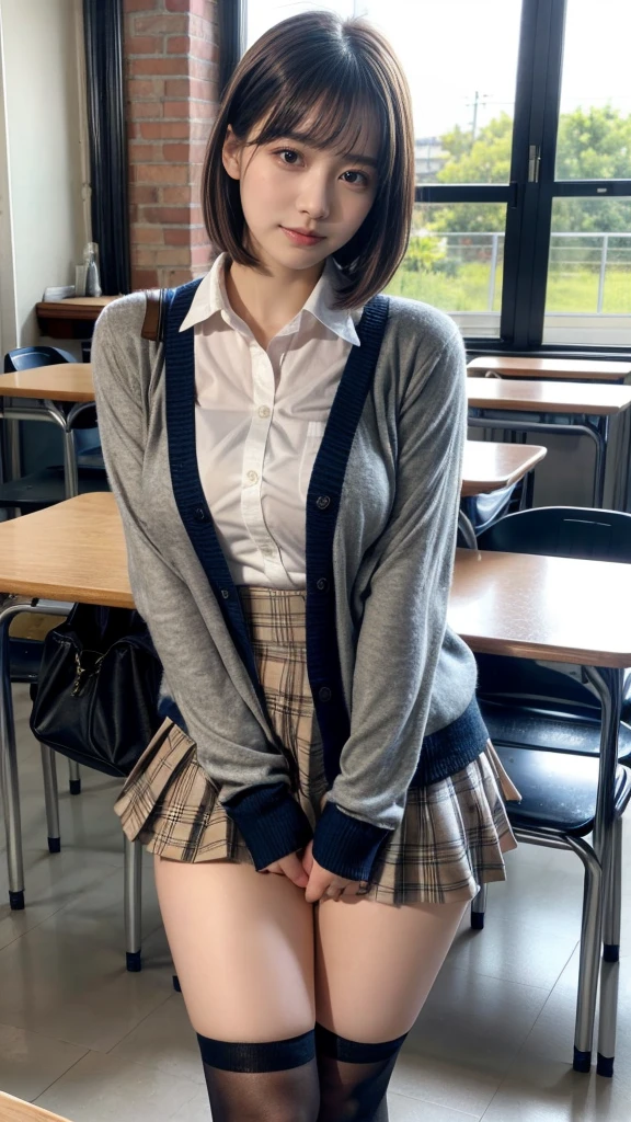 masterpiece, best quality, illustration, Super detailed, fine details, High resolution, 8K,wall paper, perfect dynamic composition,(Details High quality, realistic depiction of eyes:1.3), High School Classroom、High school girl uniform、Cardigan、Super Short Check Uniform Skirt、Navy blue high socks、garterbelts、Colossal tits、Disturbed uniform、short bob hair, black hair color, Big Natural Color Lip, bold sexy pose, (perfect body shape), crying a little、Harajuku style、20 year old girl、cute type, beautiful legs, hposing Gravure Idol, Voluptuous thighs