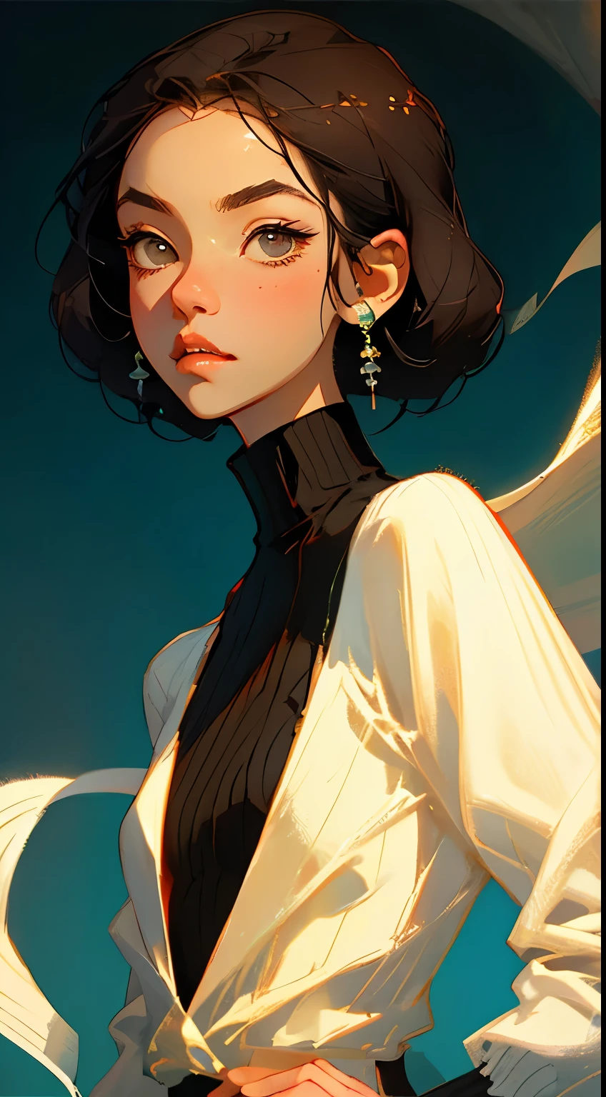 Close-up of avatar,black turtleneck,Black Bobo hair,Sophisticated and minimalist accessories,High cooling temperament,modern,Warm shimmer background,flat style,Maximalism,flat illustration(Important vocabulary)(Important vocabulary),Ichiro Tsuruta style,Cinematic texture