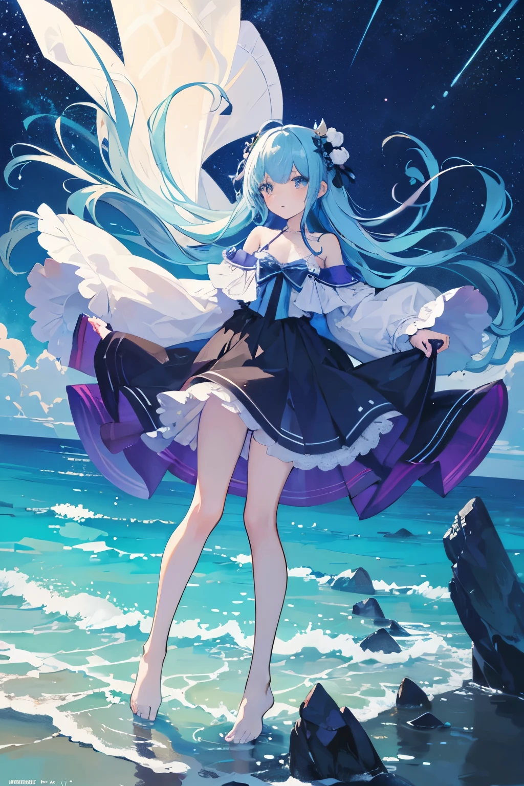 ((masterpiece, highest quality)), at night, thin clothes, girl, put one foot in the sea water with only toes, girl standing, girl sideways, girl between the horizon and the sea, looking from the side, ripples spread from the toes, the scene is about 20 meters away, above the sea, at night, the whole scene shines, there is a meteor shower