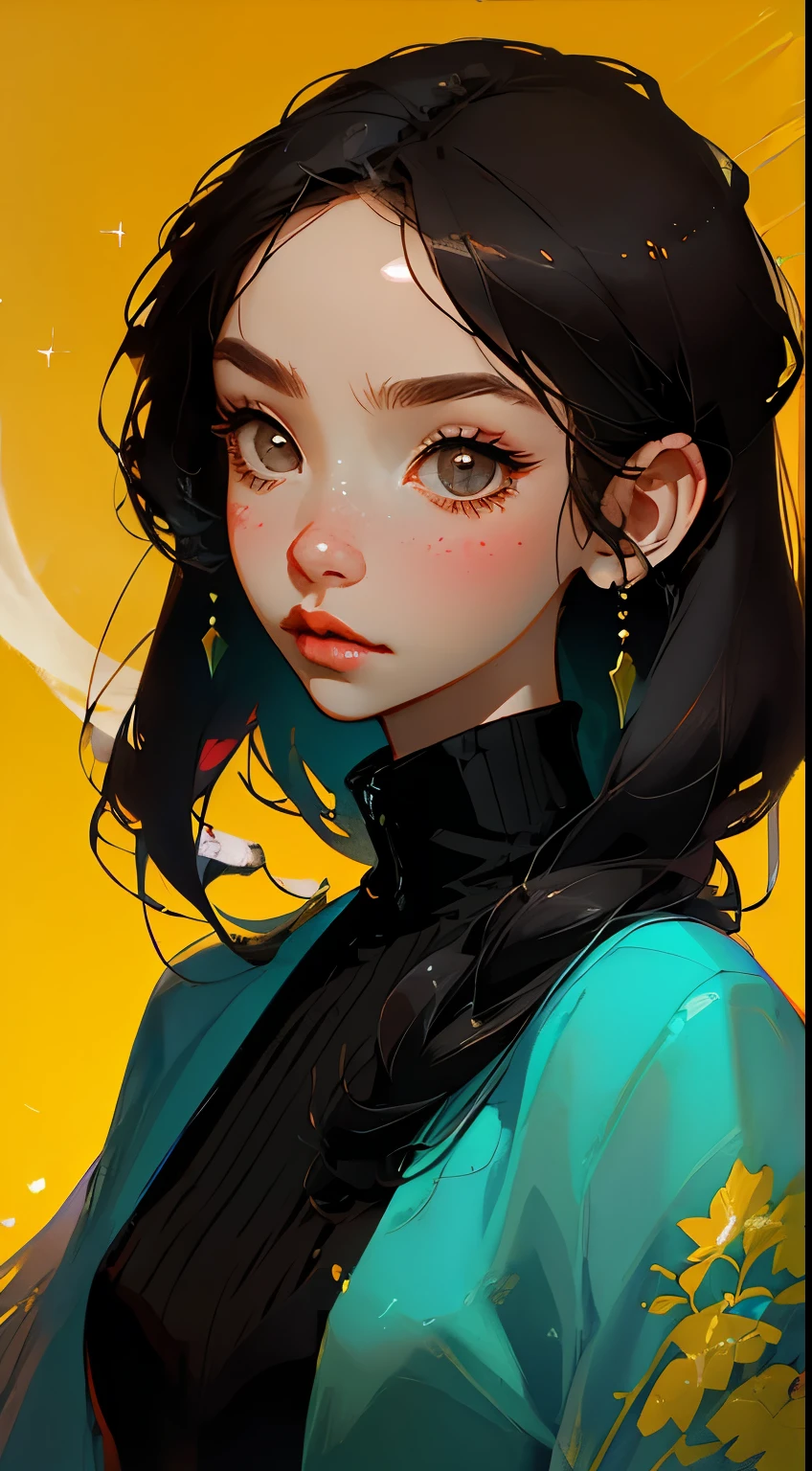 Close-up of avatar,black turtleneck,Black Bobo hair,Sophisticated and minimalist accessories,High cooling temperament,modern,Warm shimmer background,flat style,Maximalism,flat illustration(Important vocabulary)(Important vocabulary),Ichiro Tsuruta style,Cinematic texture