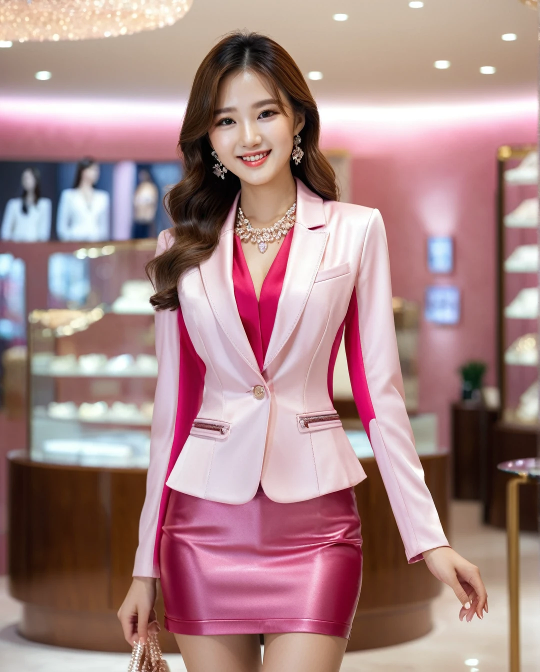 Full body of beautiful korean female, 31 inch breasts size, cheerful smile, Height 172 cm, Tight suit、Wearing a blazer(Leather pink color)、Tight short Skirt(Leather pink color)、Realistic silk texture,Slim fit , in a luxury dimond jewelry store, bokeh background, UHD