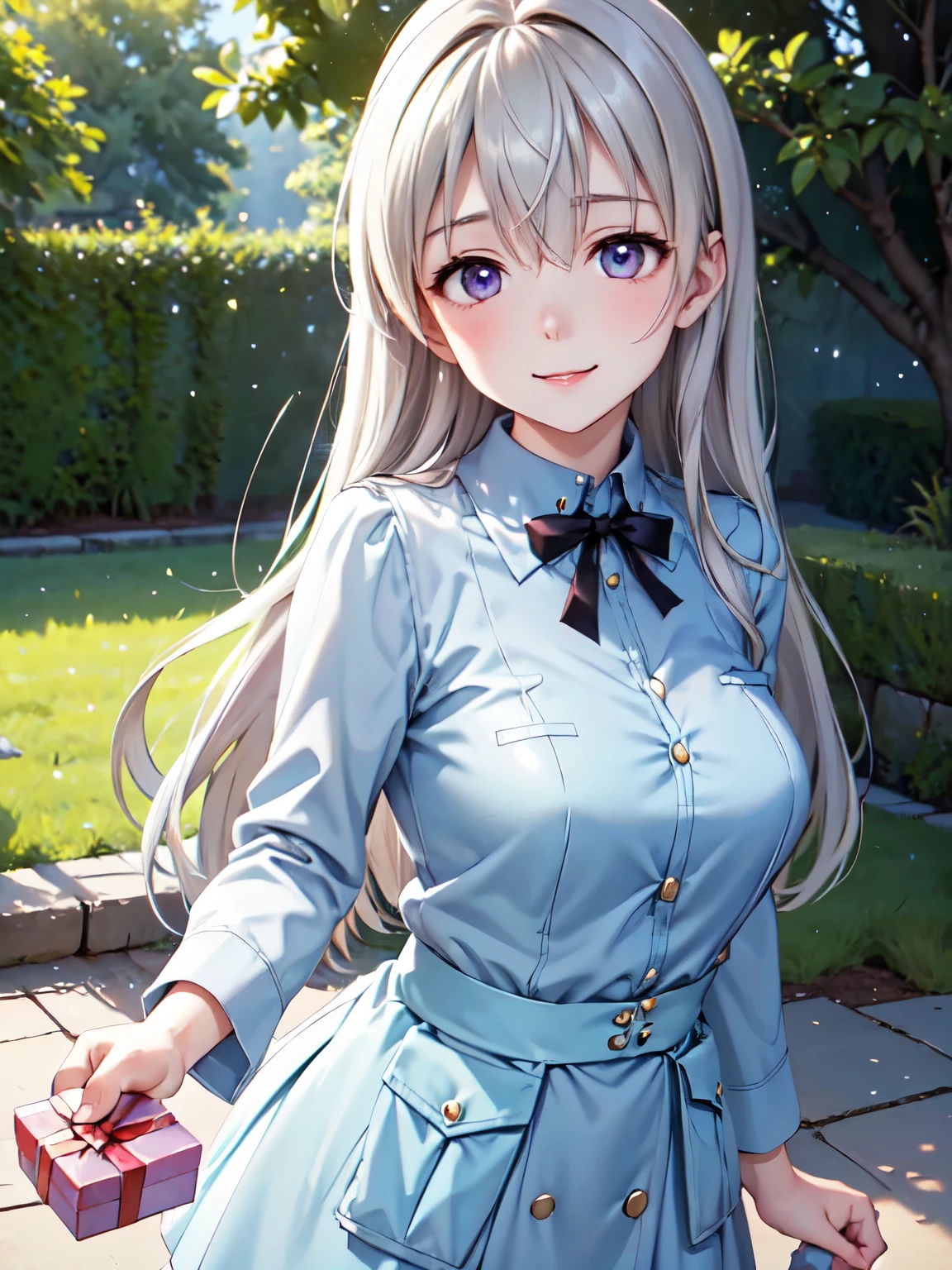 Holding a heart shaped gift box with ribbon and roses in the park、かわいいanime風の女の子、Beautifully detailed eyes、Beautifully detailed lips、Highly detailed eyes and face、Long eyelashes、(highest quality、4k、8k、High resolution、masterpiece:1.2)、Super detailed、(Real、Photorealistic、Photorealistic:1.37)、HDR、UHD、Studio Lighting、Ultra-fine painting、Sharp Focus、Physically Based Rendering、Extremely detailed depiction、professional、Bright colors、Bokeh、anime、Concept Art、Soft pastel colors、Dramatic lighting、Centrally located configuration、(Outstretched hand holding a gift:1.2)、