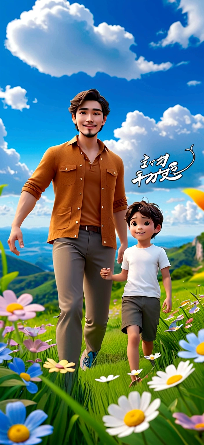 Warm grass backgrounther and son，There are many wild flowers around，Blue sky and white clouds，Happy expression，Warm picture，Best picture quality，Higher quality，High Detail，Ultra-high resolution，8K resolution，masterpiece，Exquisite facial features，Perfect face