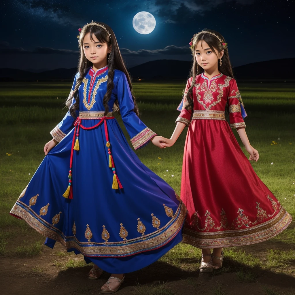 Highest quality、high quality、、Brightly embroidered ethnic costumes from Central Asia and the Caspian Sea region、Girl of the bride、Moonlit Grassland、moonlight、Long dress