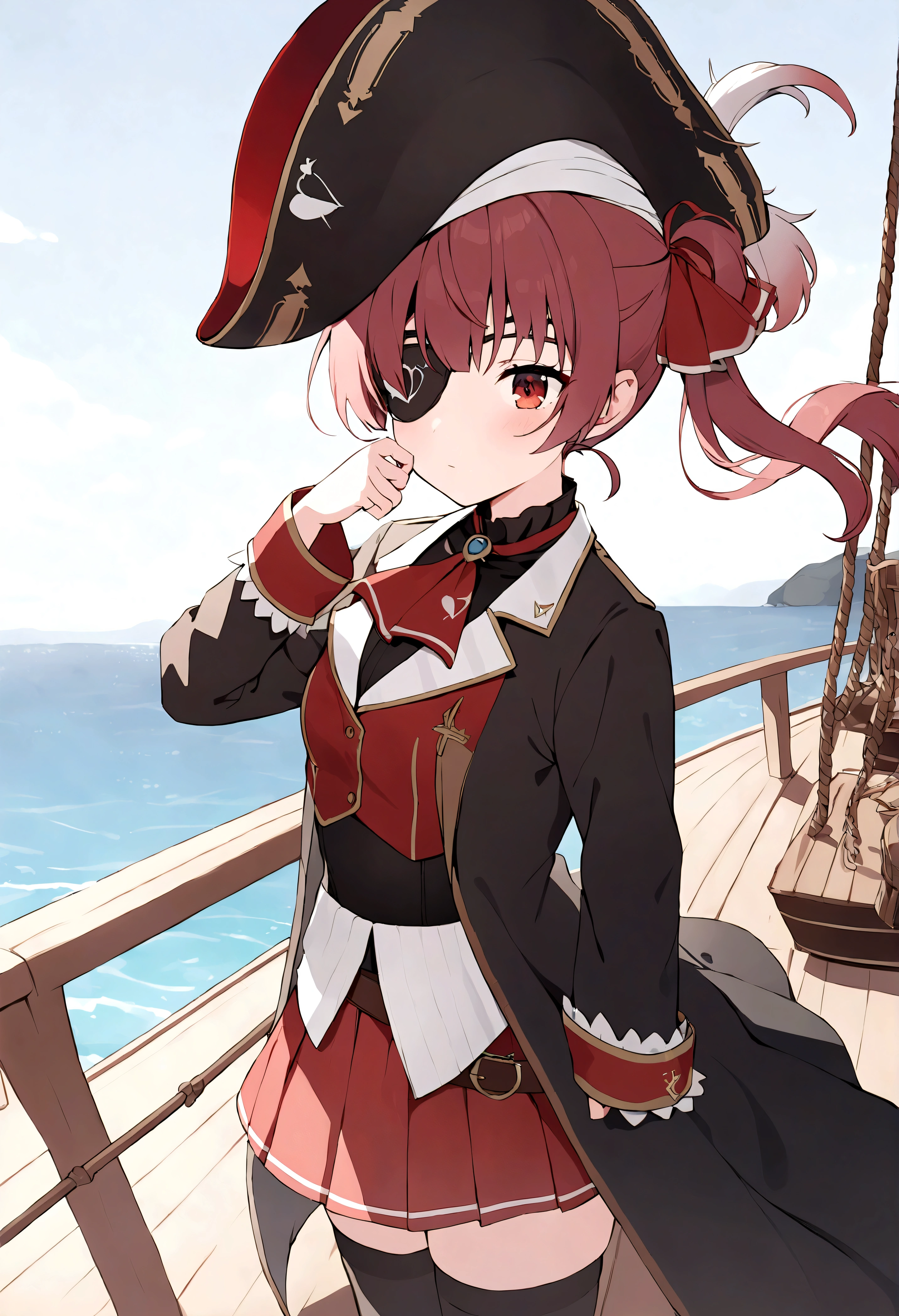 hair ribbon, red ascot, red skirt, belt, leotard under clothes, black leotard, black thighhighs, black coat, pirate hat, eyepatch, red eyes, long shot, on board a ship, ocean