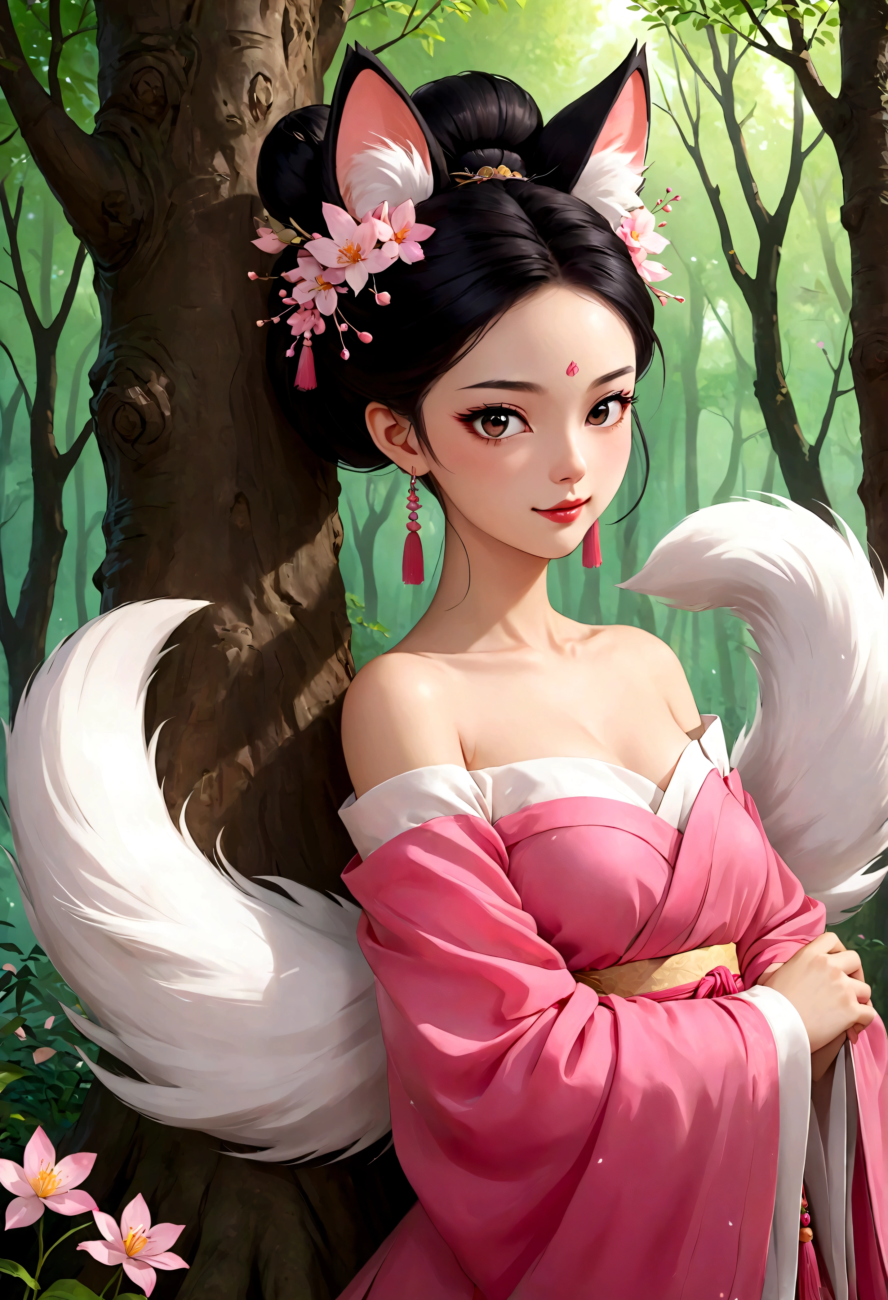 The nine-tailed fox hiding behind a tree，Beautiful face，beautiful eyes，laughing out loud，Fangs，Big fluffy tail，Black high bun，Forehead hair，Pink off-shoulder Hanfu，In the forest，Spells，Petals in the sky，dreamlike