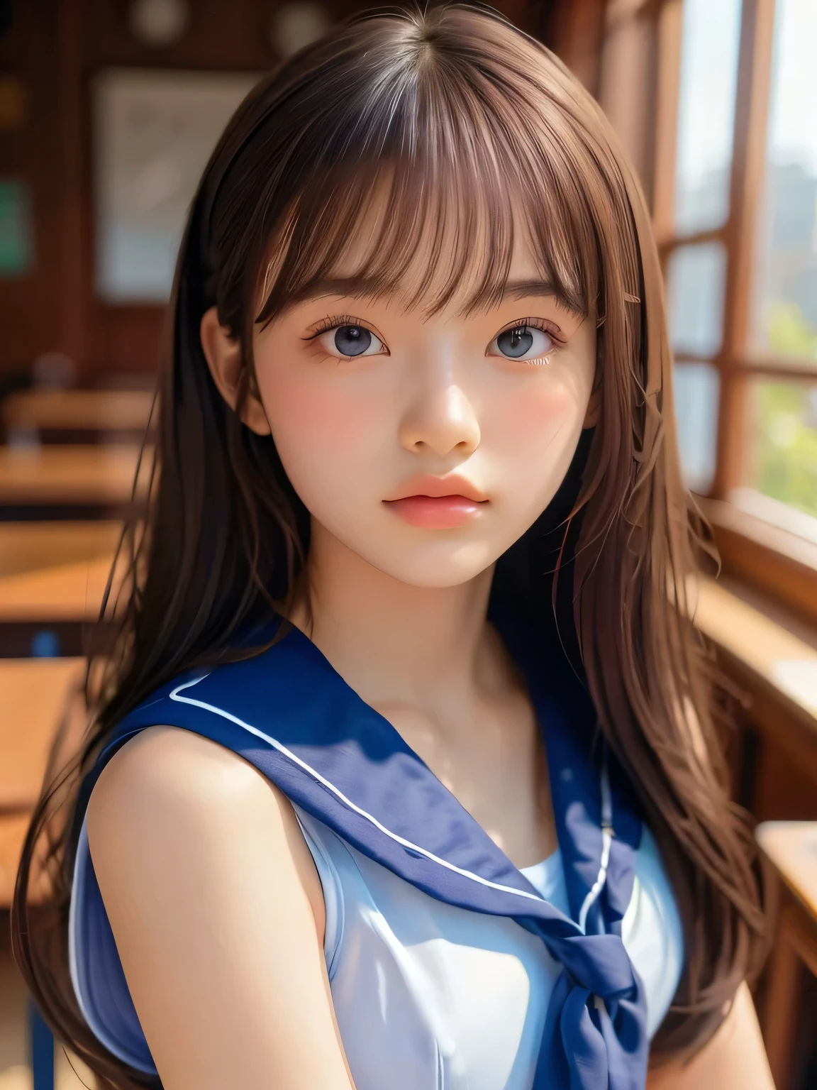 ((masterpiece, highest quality, High resolution)), 1 girl, (Realistic: 1.4), Beautiful face, Beautiful Hair, Beautiful eyes, Glowing Skin, , Sailor suit, classroom, Sit on a desk, Side angle, sunshine, Backlight, Professional photographer photography