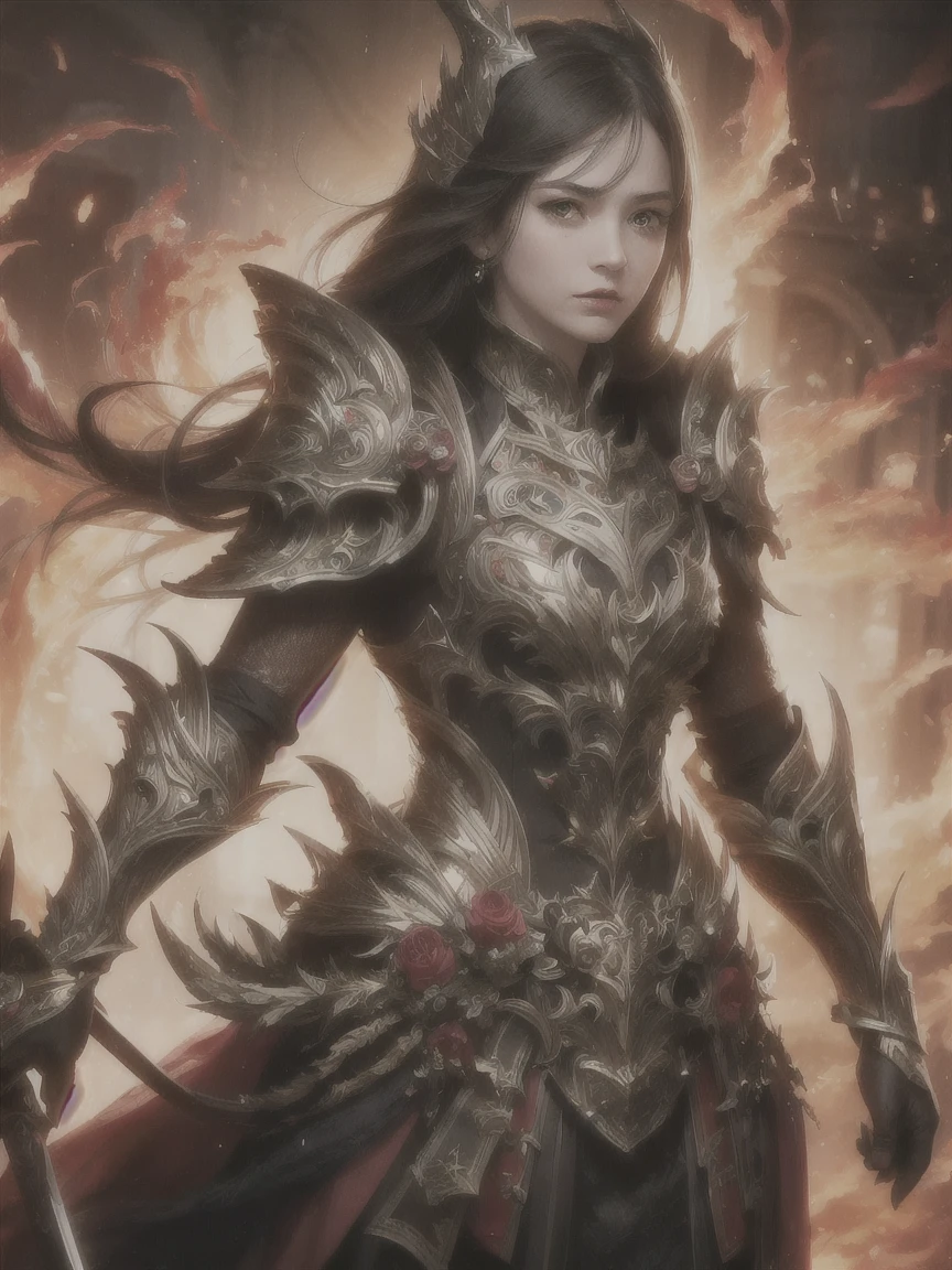 ((Detailed background)), ((Battlefield, group of armies)), (masterpiece, top quality, best quality, official art, beautiful and aesthetic:1.2), (1girl),craft a Hyper-realistic portrayal of a futuristic (1girl1.2), beautiful character donned in intricate armor surrounded by captivating flames, an epic long (sword:1.2), Dynamic pose, Random pose, Dynamic angle, battle stance, Meticulous details capture the intense fusion of tradition and innovation in this visually stunning composition. Trending on Artstation.