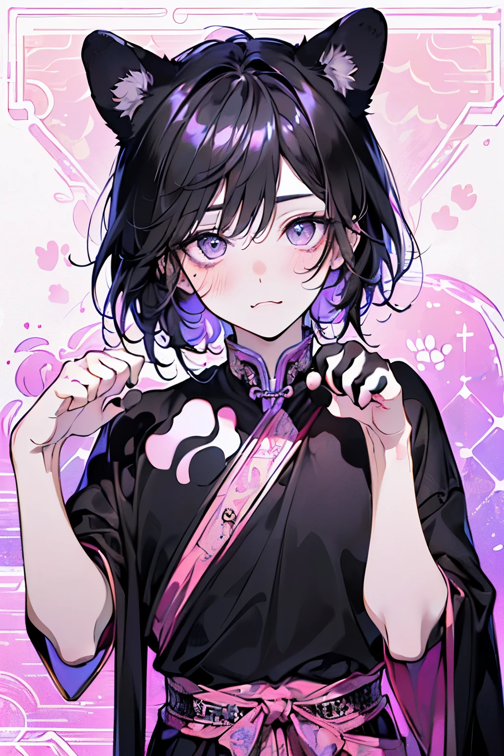,(((male:1.3))),((black hair:1.3)),(Shiny marble eyes:1.45),(forehead mark),(NSFW:1.15),((drooping dog ears:1.2)),(A lustrous, soft face:1.4),((blush、Waiting for a half-open kiss、Excited face:1.2)),((head down:1.3)),((POP and cute animal footprint background:1.25)),((Gorgeous Arabian costume:1.3)),(black、purple、white、pink),((paw pose:1.4))