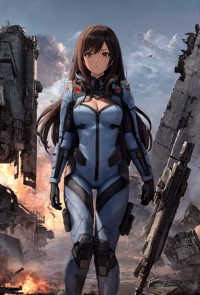 Animated Superwoman High quality gun-equipped female protagonist、Boldly placed in front of a devastatingly destroyed spaceship、It&#39;s reminiscent of the official character art。On a desolate background、Dust from a once thriving galaxy々The remains of the、It reminds me of the setting of a fallen empire.。The surrounding atmosphere　A woman stands out in the foreground.、Her images are ultra-detailed, high-resolution masterpieces.。Slim figure