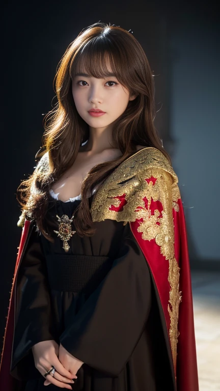 Japanese girl , 16 year old ,(middle hair, brown hair, fringe) ,black and white dress and red cape, wearing a noblewoman's outfit, wearing a luxurious royal cloak, wearing dramatic aristocrat robe, Wearing a luxurious silk cloak, wearing a luxurious cloak,
,(masterpiece, highest quality, Very detailed, Ultra-high resolution, (photopractical:1.4), Original photo, (practical:0.2), 8K HDR,)、dark room,  moon-lighting