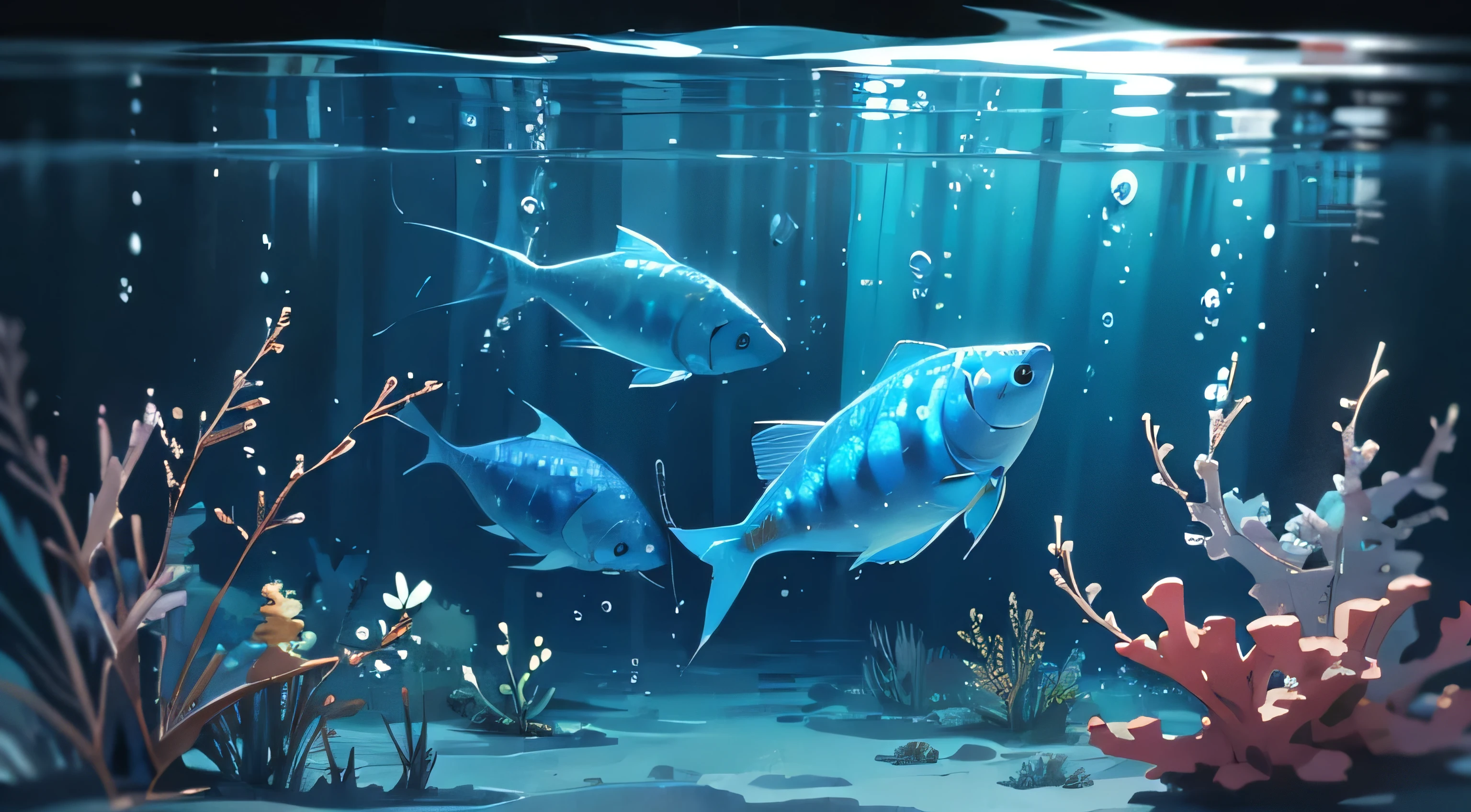 Underwater, fantastic, night, bubbles, some small fish, no people, cute
