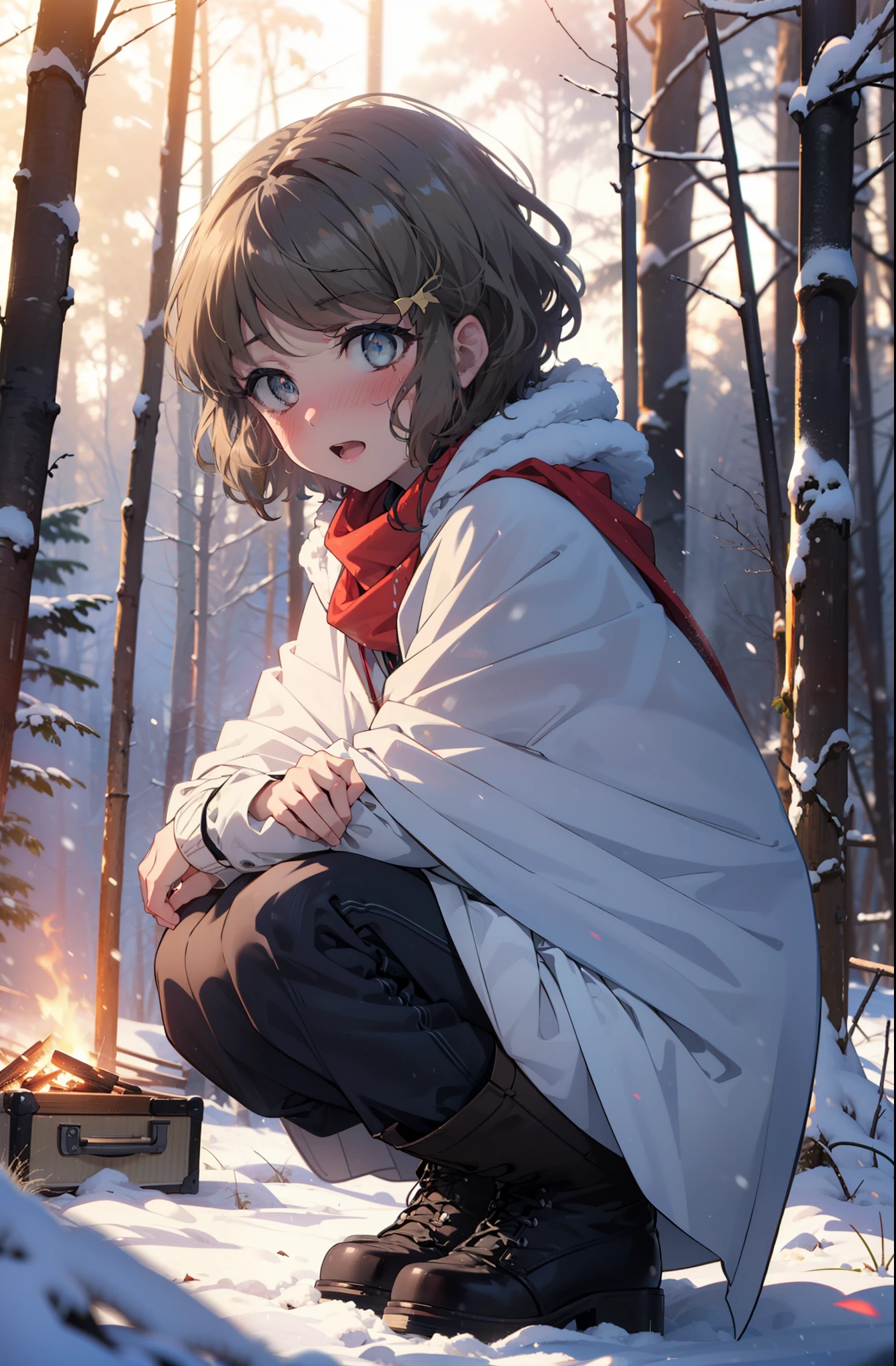 tomoekoga, Chie Koga, short hair, Brown Hair, blue eyes, hair band,smile,blush,White Breath,Center of chest,
Open your mouth,snow,Ground bonfire, Outdoor, boots, snowing, From the side, wood, suitcase, Cape, Blurred, having meal, forest, White handbag, nature,  Squat, Mouth closed, Cape, winter, Written boundary depth, Black shoes, red Cape break looking at viewer, Upper Body, whole body, break Outdoor, forest, nature, break (masterpiece:1.2), highest quality, High resolution, unity 8k wallpaper, (shape:0.8), (Beautiful and beautiful eyes:1.6), Highly detailed face, Perfect lighting, Highly detailed CG, (Perfect hands, Perfect Anatomy),