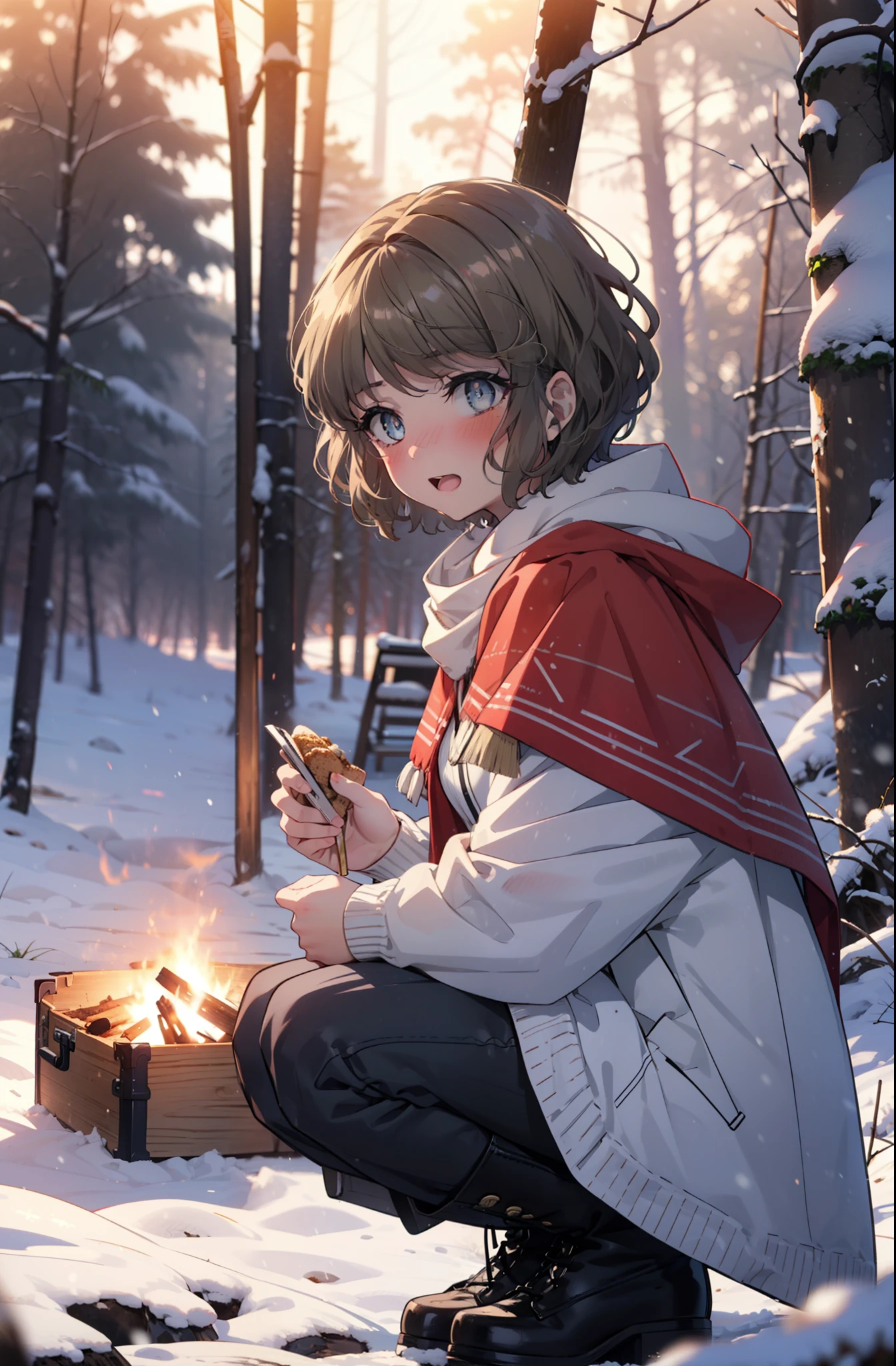 tomoekoga, Chie Koga, short hair, Brown Hair, blue eyes, hair band,smile,blush,White Breath,Center of chest,
Open your mouth,snow,Ground bonfire, Outdoor, boots, snowing, From the side, wood, suitcase, Cape, Blurred, having meal, forest, White handbag, nature, Squat, Mouth closed, Cape, winter, Written boundary depth, Black shoes, red Cape break looking at viewer, Upper Body, whole body, break Outdoor, forest, nature, break (masterpiece:1.2), highest quality, High resolution, unity 8k wallpaper, (shape:0.8), (Beautiful and beautiful eyes:1.6), Highly detailed face, Perfect lighting, Highly detailed CG, (Perfect hands, Perfect Anatomy),