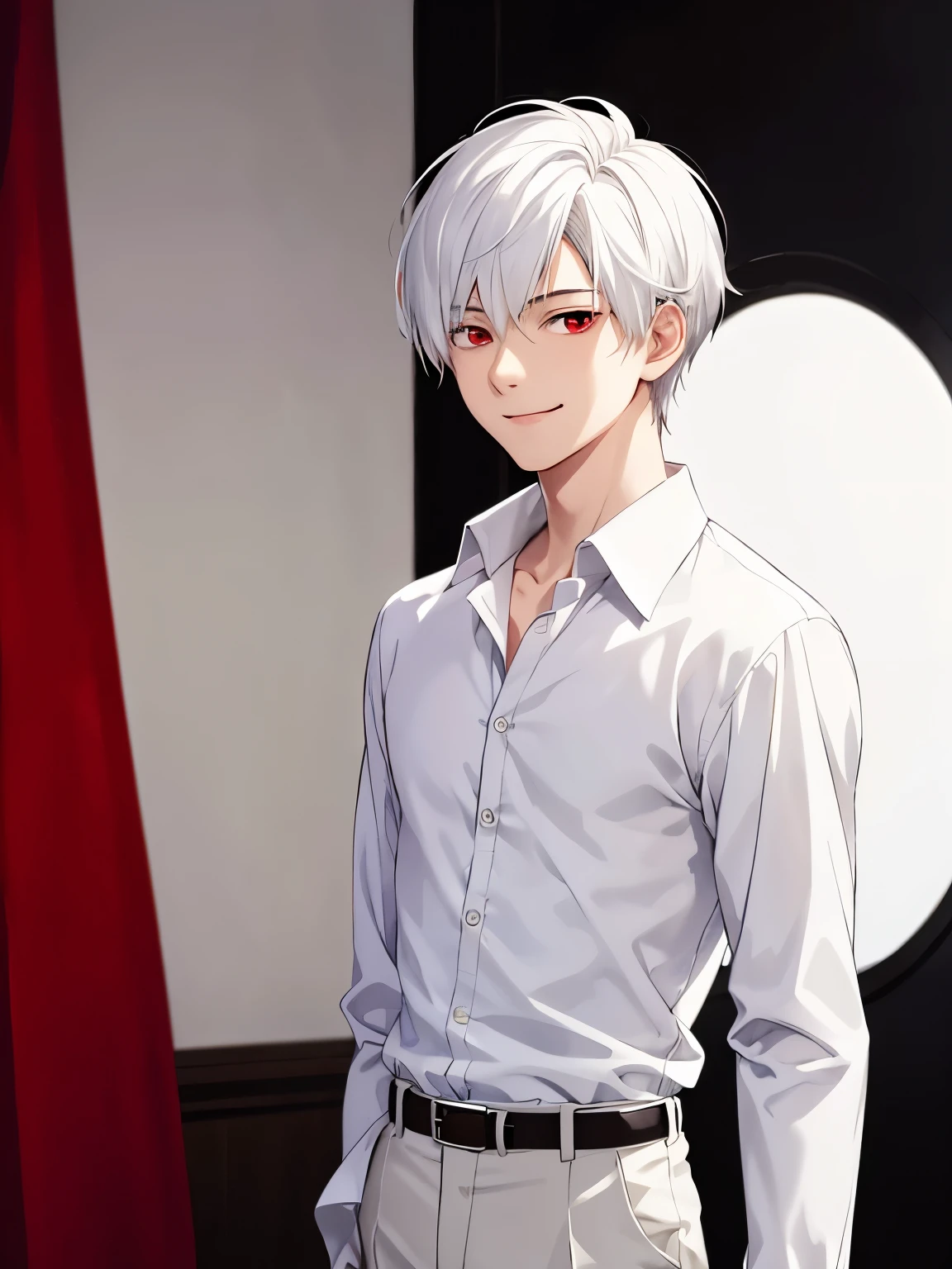 1boy,Standing,cool style,side parted hair,18 years old,Standing,smile, looking away,red eyes,Long sleeve shirt, white shirt, white trousers,close up photo,handsome,side parted hair,short hair, straight hair, white hair, vampire, ultra detailed, ultra HD