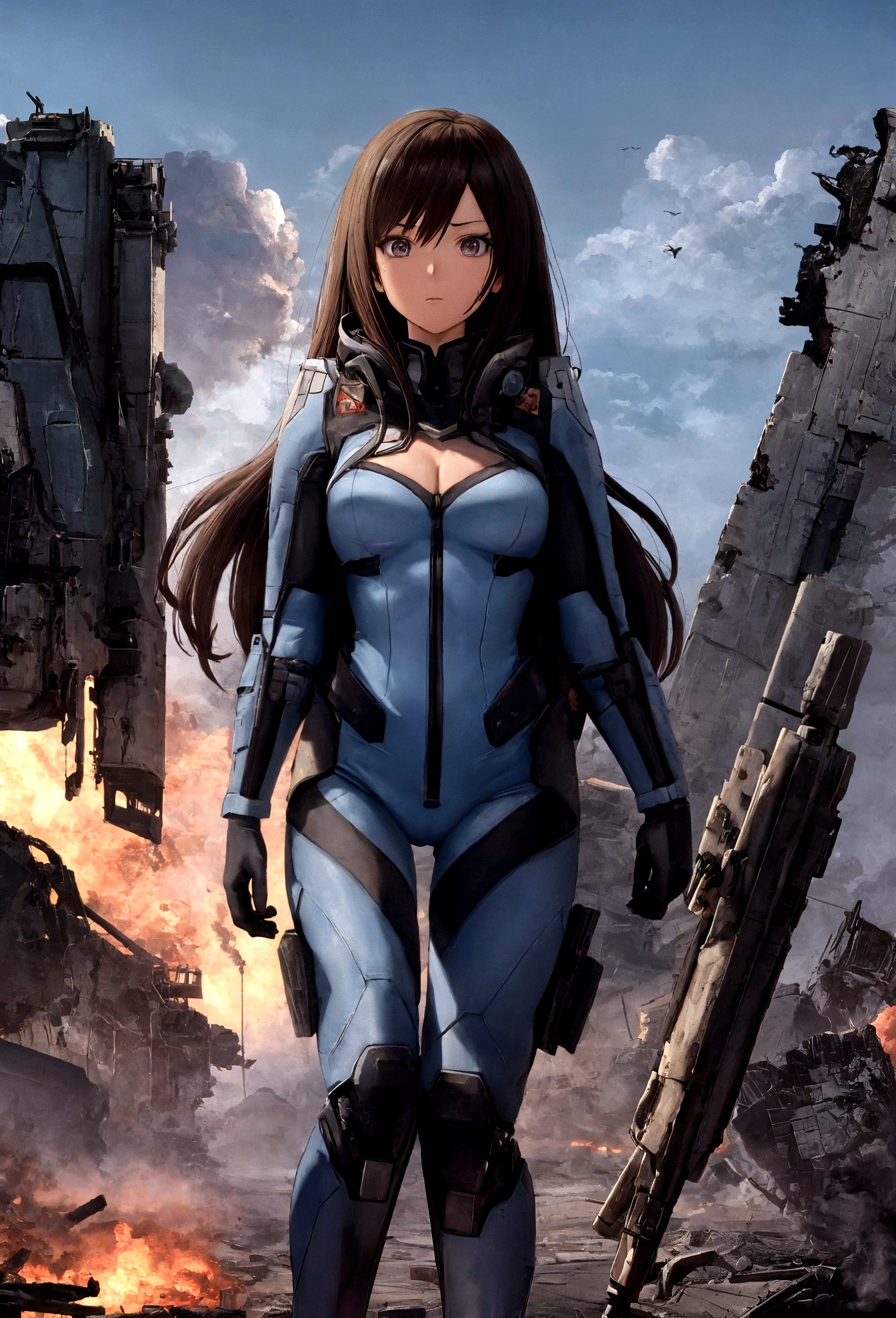 Animated Superwoman High quality gun-equipped female protagonist、Boldly placed in front of a devastatingly destroyed spaceship、It's reminiscent of the official character art。On a desolate background、Dust from a once thriving galaxy々The remains of the、It reminds me of the setting of a fallen empire.。The surrounding atmosphere A woman stands out in the foreground.、Her images are ultra-detailed, high-resolution masterpieces.。Slim figure