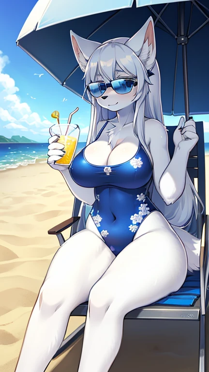 best quality, best resolution, (fluffy anthro furry), arctic fox girl, silver hair, blue eyes, (white fur), long straight hair, big breast, sophisticated manner, (dark blue one piece swimsuit with subtle floral pattern, sunglasses), sitting in beach chair, beach, holding cup of lemonade with a tiny umbrella, drinking lemonade