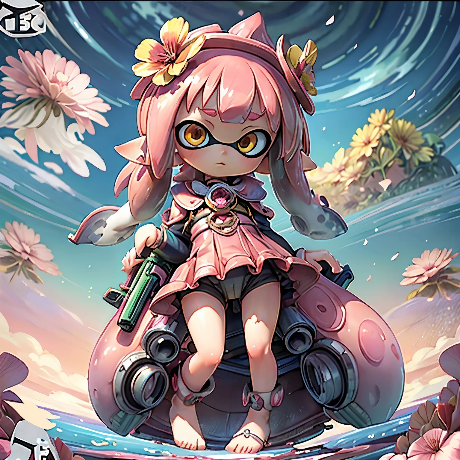 masterpiece、highest quality、High resolution、Real Anime、3D、background image、Flower Field、Flowers on one side、Lots of petals、SakuraFubuki、beautiful、beautiful、You can see far from the top of the hill、Ultra-wide angle、Splatoon Girl、20-year-old、Sharp face line、((From the back))、((Angle from below))、((full body))、Golden Eyes、Pink tentacle hair、Metallic shiny tentacle hair、Flower Hair Ornaments、Flower crown、(((looking up:1.5)))、Looking at the flowers above、Are standing、From the back、The flowers are scattered far and wide、Punk Battle Suit、Grabbing a gun、Clear sky、Little clouds、