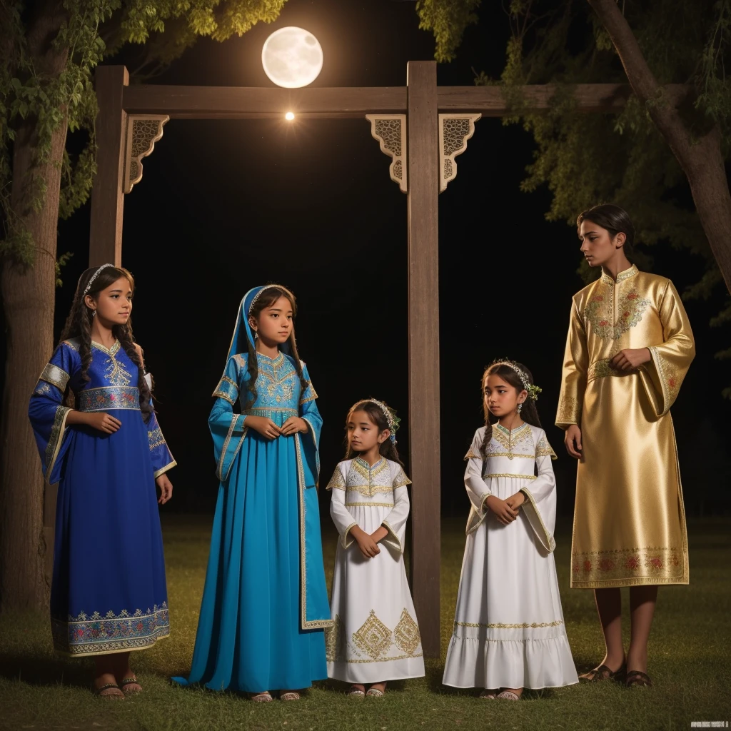 Highest quality、high quality、、Brightly embroidered ethnic costumes from Central Asia and the Caspian Sea region、Girl of the bride、Moonlit Grassland、moonlight、Long dress