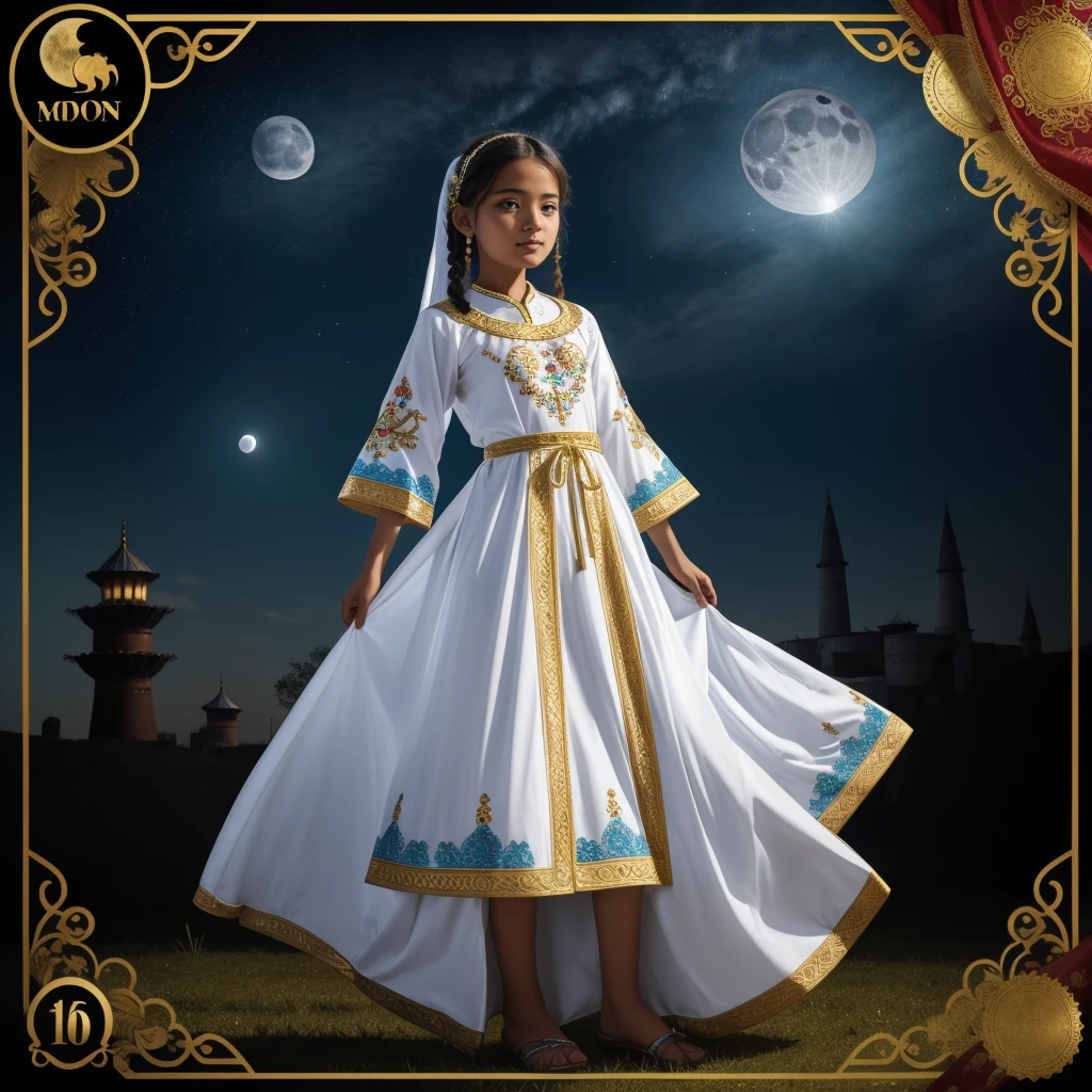 Highest quality、high quality、、Brightly embroidered ethnic costumes from Central Asia and the Caspian Sea region、Girl of the bride、Moonlit Grassland、moonlight、Long dress