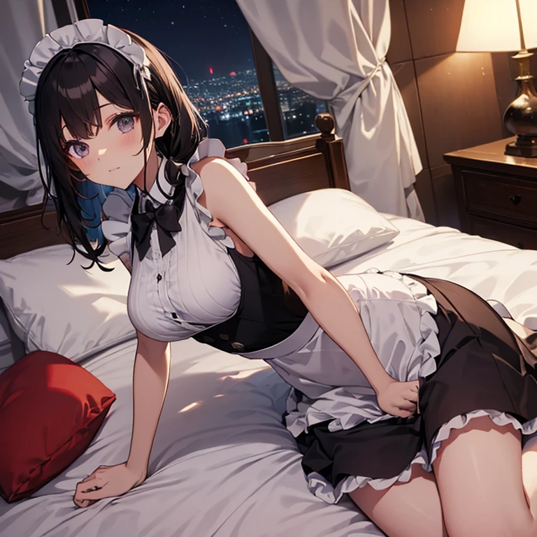 A maid, (in bedroom), various hair styles, night, details face, short skirt, seducing, sleeveless, maid uniform, armpits, laying on bed