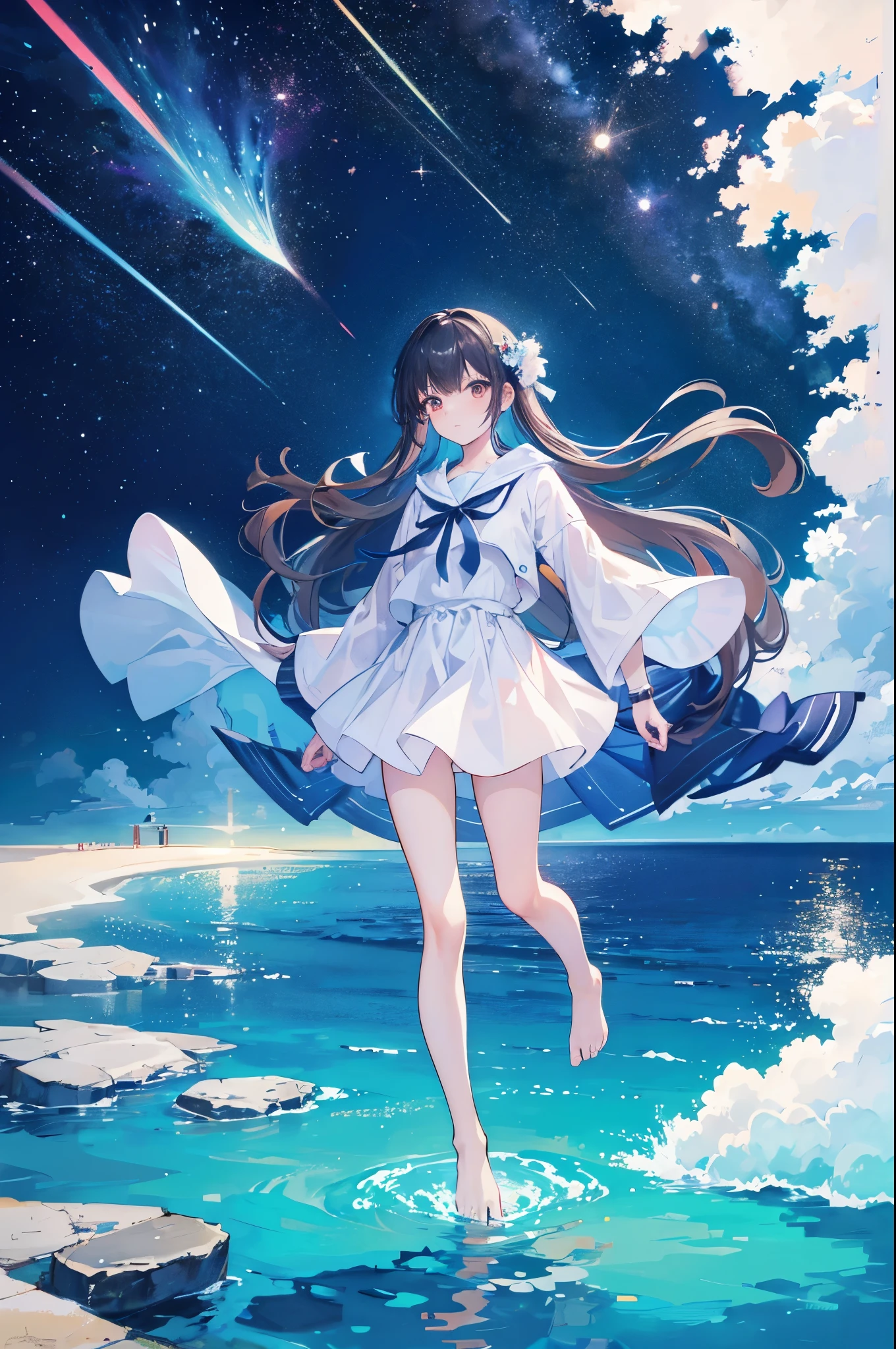 ((masterpiece, highest quality)), at night, thin clothes, girl, put one foot in the sea water with only toes, girl standing, girl sideways, girl between the horizon and the sea, looking from the side, ripples spread from the toes, the scene is about 20 meters away, above the sea, at night, the whole scene shines, there is a meteor shower